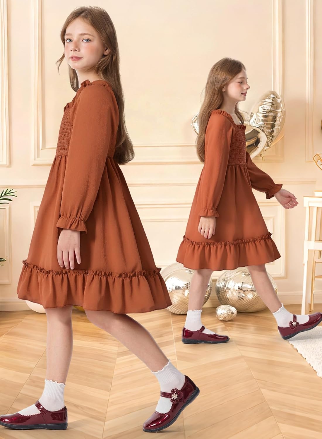 Girls Spring Dress Lantern Long Sleeve Square Neck Ruffle Dress Kids Easter Dress 5-14Y - Image 5