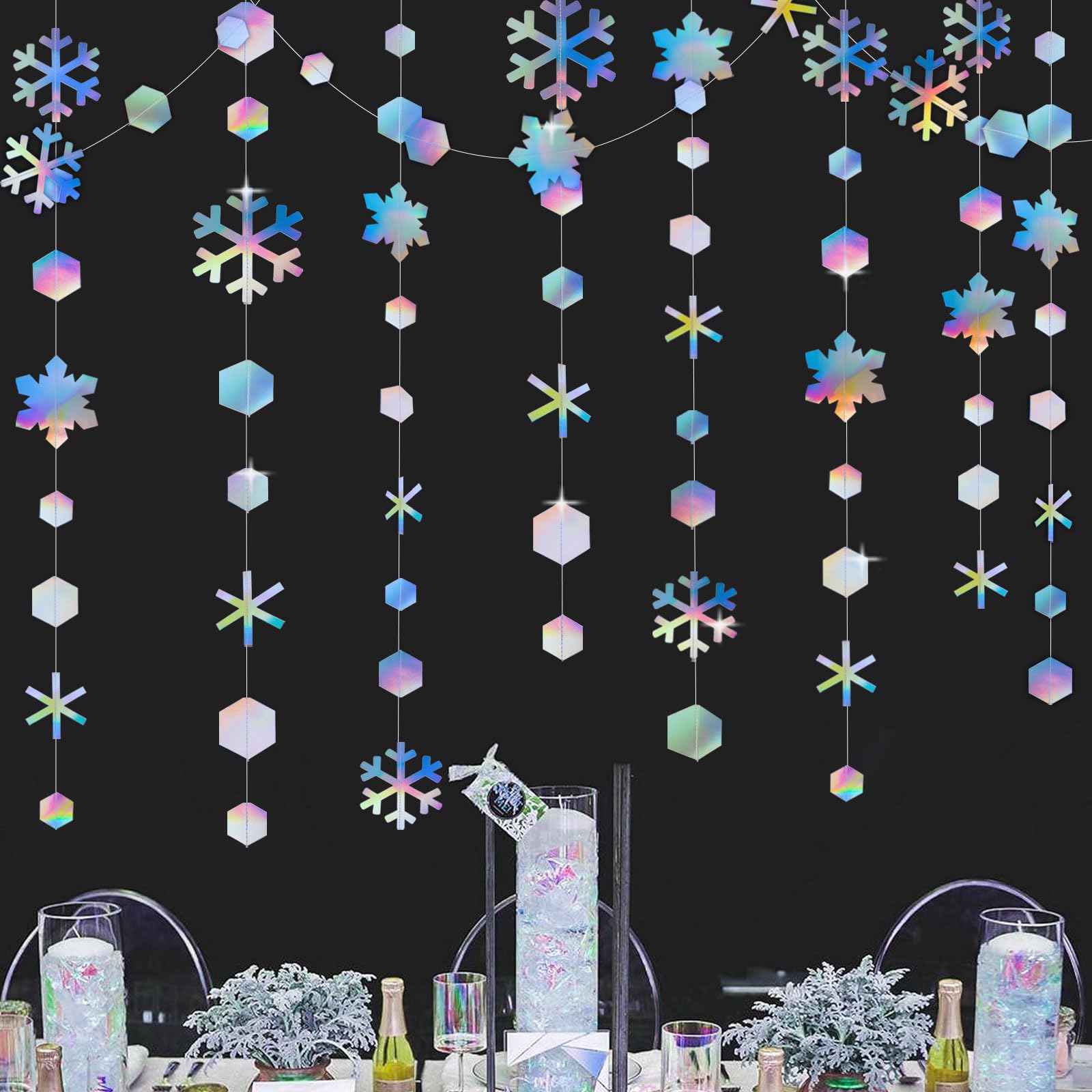 GEBETTER 4x4m Guirnaldas Navidad Colgantes Copos Nieve Color Holográfico Doble Cara Decoración Navideña Adornos Casa Hogar Fiesta Cumpleaños Invierno Pared Techo Árbol (Copos de Nieve y Hexágonos)