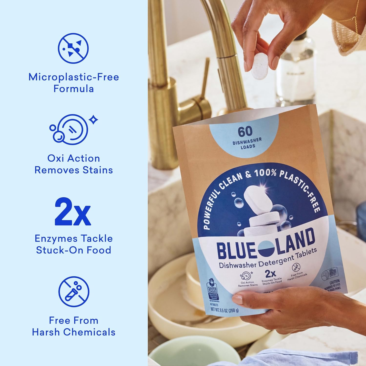 BLUELAND 100% Plastic-Free Dishwasher Detergent Tablets, 120 Count, Free & Clear, Eco-Friendly Dishwashing Pods, Natural, USDA Certified biobased