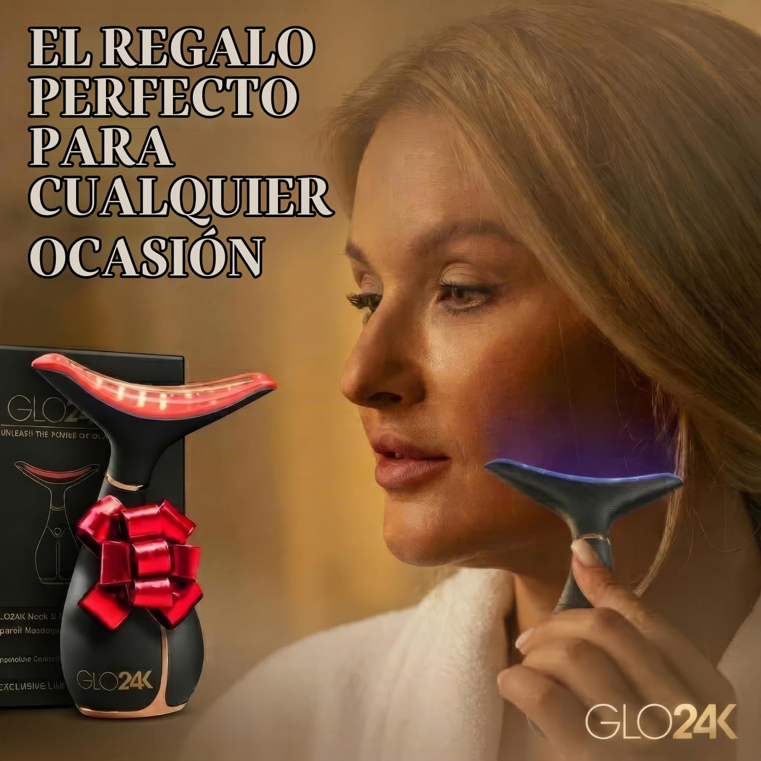 Dispositivo de belleza para el rejuvenecimiento de la piel GLO24K para rostro y cuello. Basado en tecnologías LED, térmicas y de vibración de triple acción.