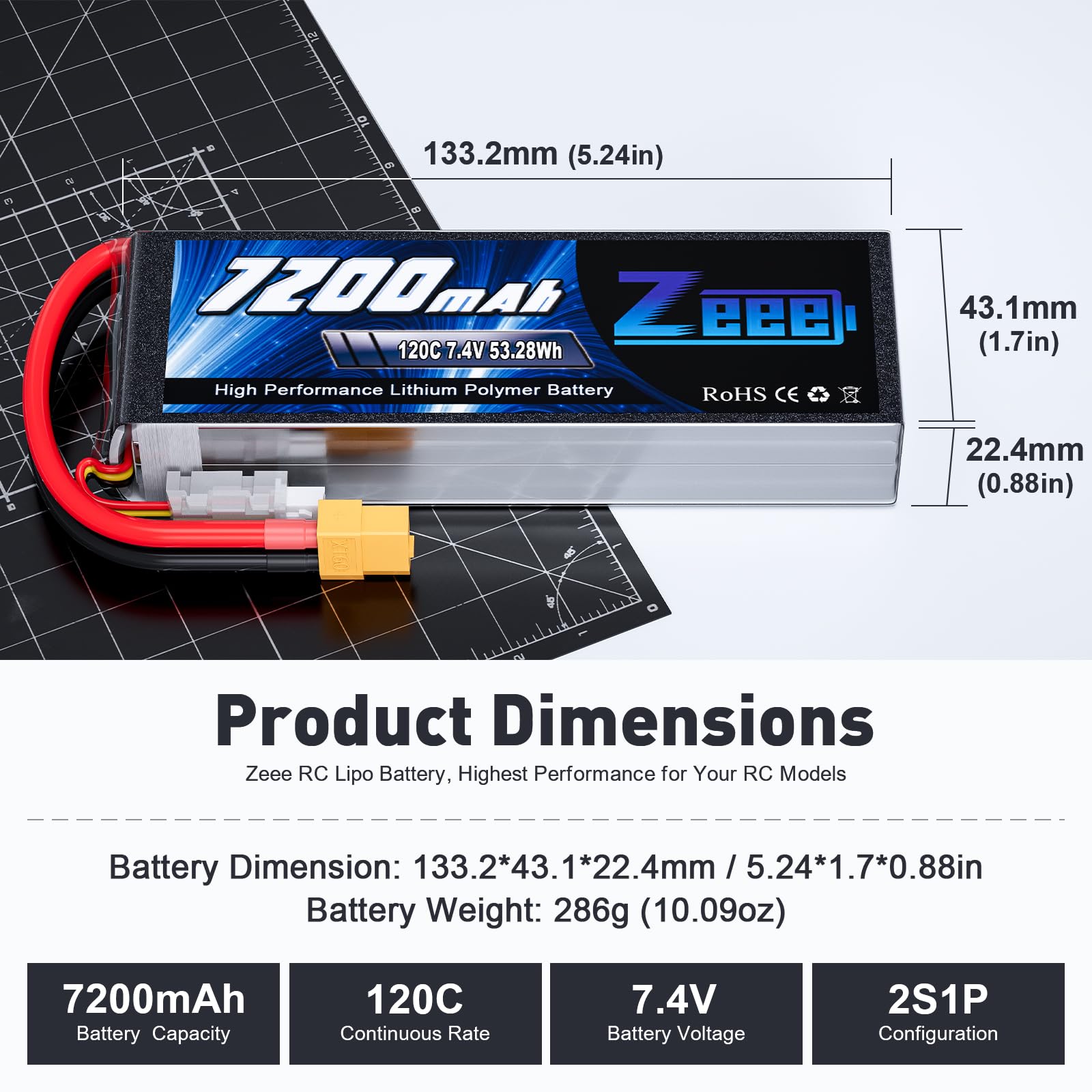 Zeee 2S Lipo 7200mAh 7,4V 120C Softpack-RC Akku mit XT60 stecker für RC-Autos, LKWs, RC-Fahrzeuge, Truggy, Buggy, Panzer, Hubschrauber, Flugzeug, Rennmodelle (2pcs)
