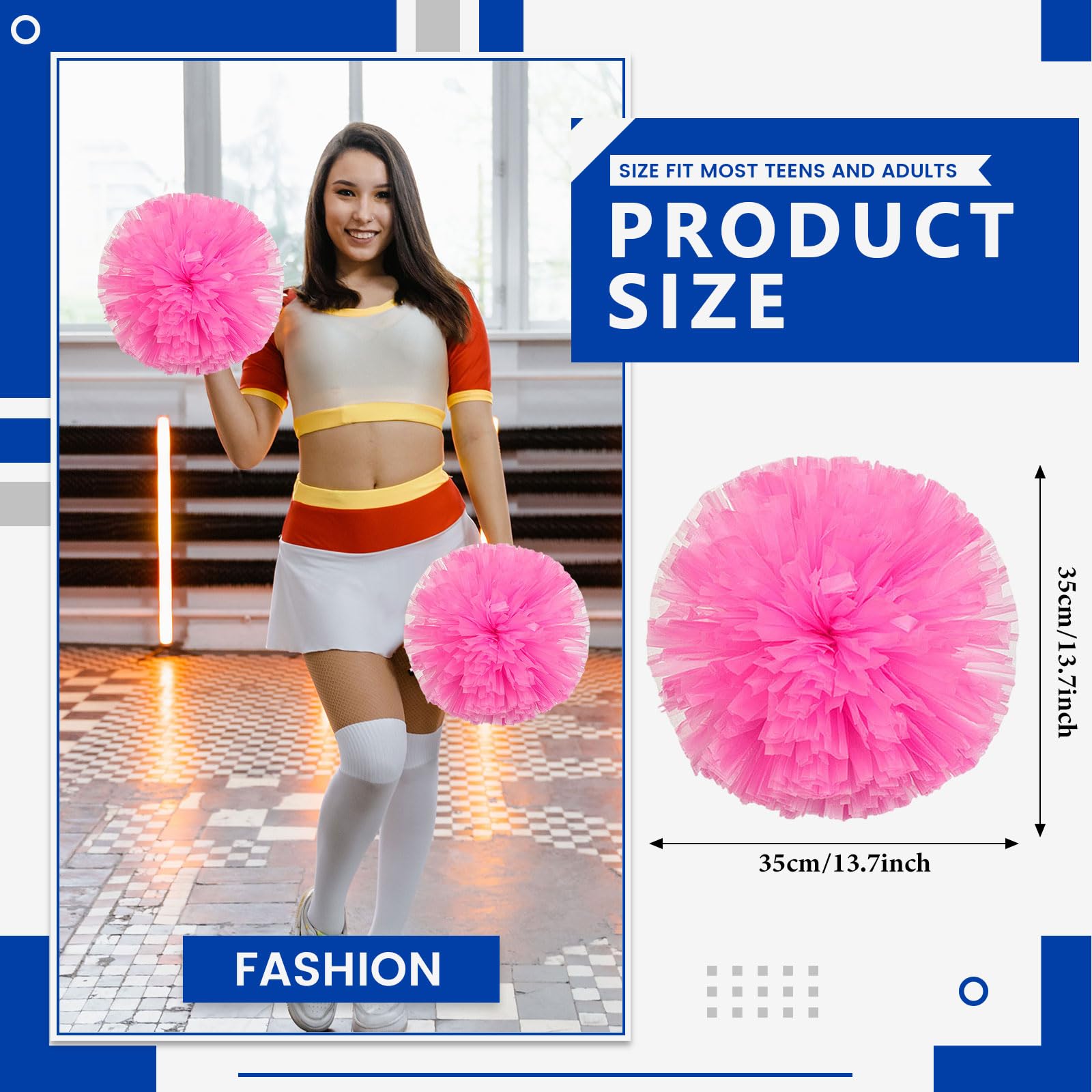 Lot de 20 pompons de 35cm, pour entraînement sportif, danse, équipe, avec anneaux. (Couleur rose)