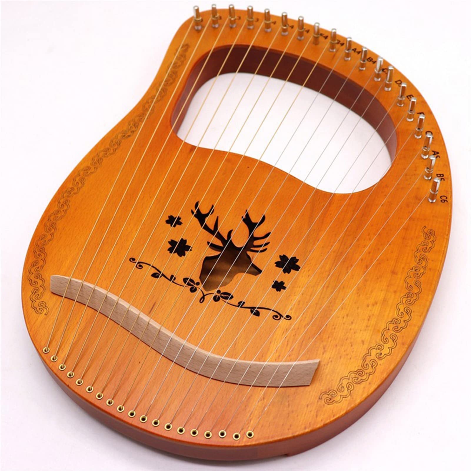 Tragbare Harfe mit 19 Saiten, Leierharfe, Metallsaiten, Rentiermuster, Mini-Holzharfe, Korpus aus Okoumé-Holz, Saiteninstrument, braun
