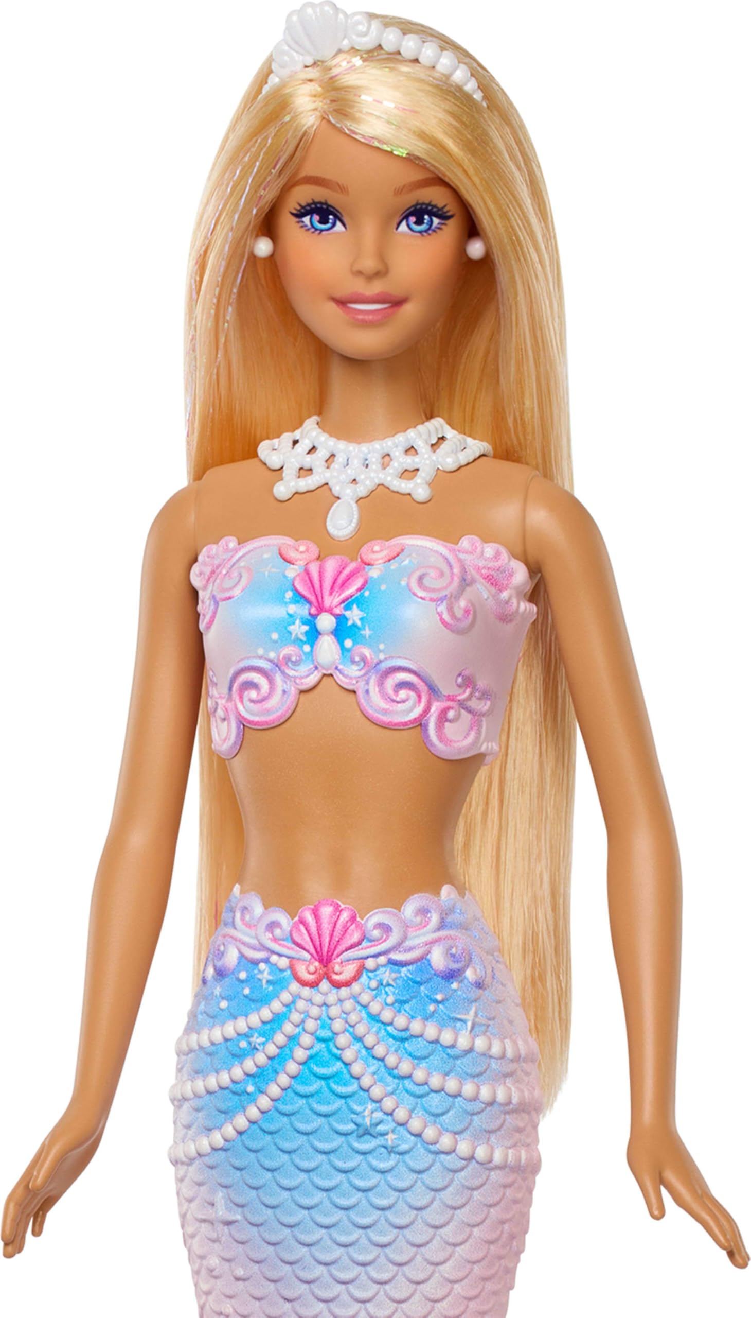 Barbie Sirène Scintillante à Bulles Poupée à Longue Chevelure Blonde aux mèches colorées avec Fonction pour Faire des Bulles, Plateau et Brosse à Cheveux, JLW56