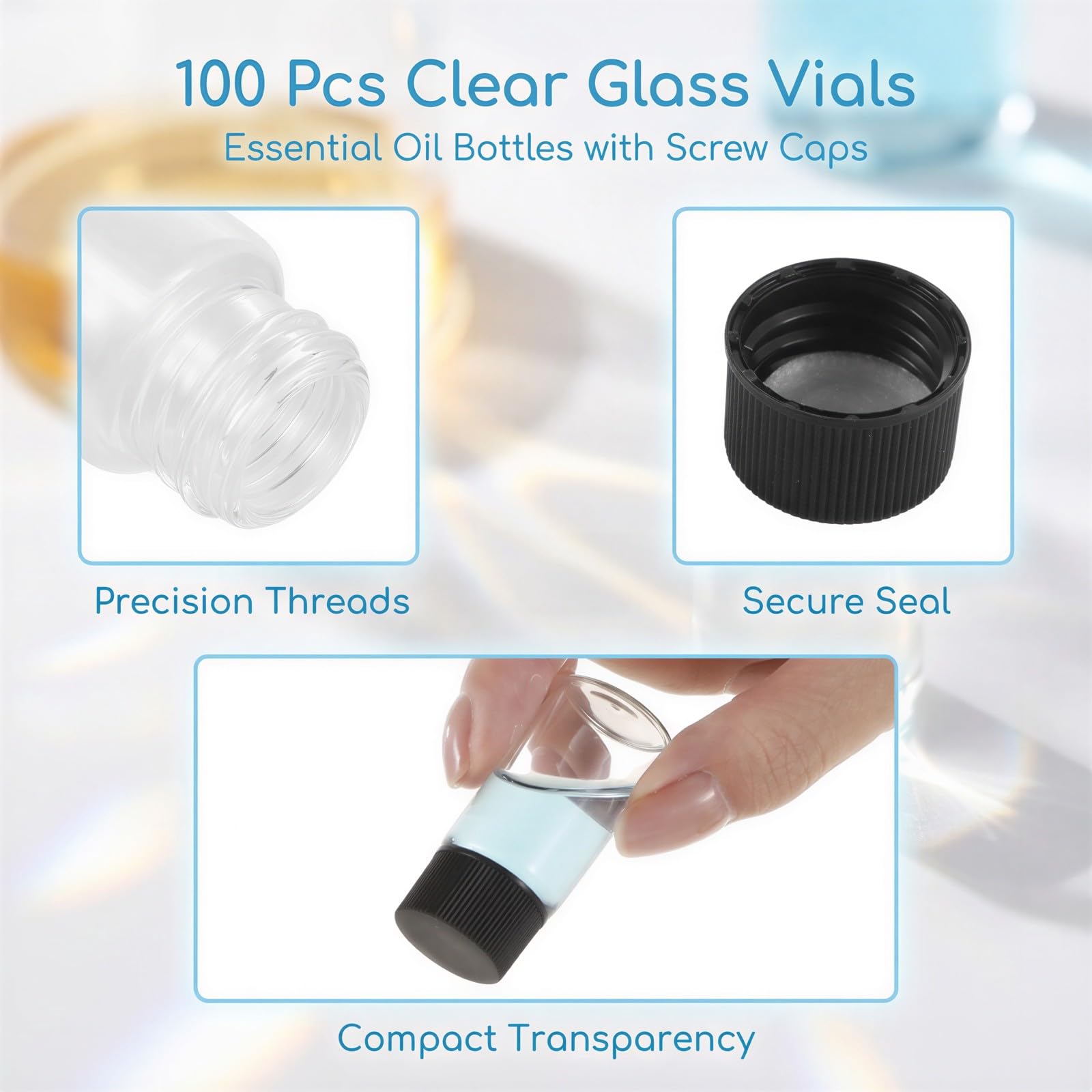 100 Stück klare Glasfläschchen, 10 ml 0,34 oz Fläschchen für ätherische Öle mit Schraubkappen, auslaufsichere kleine Laborfläschchen, Probenflaschen für Parfüm, Pulver, Reagenz, Samen