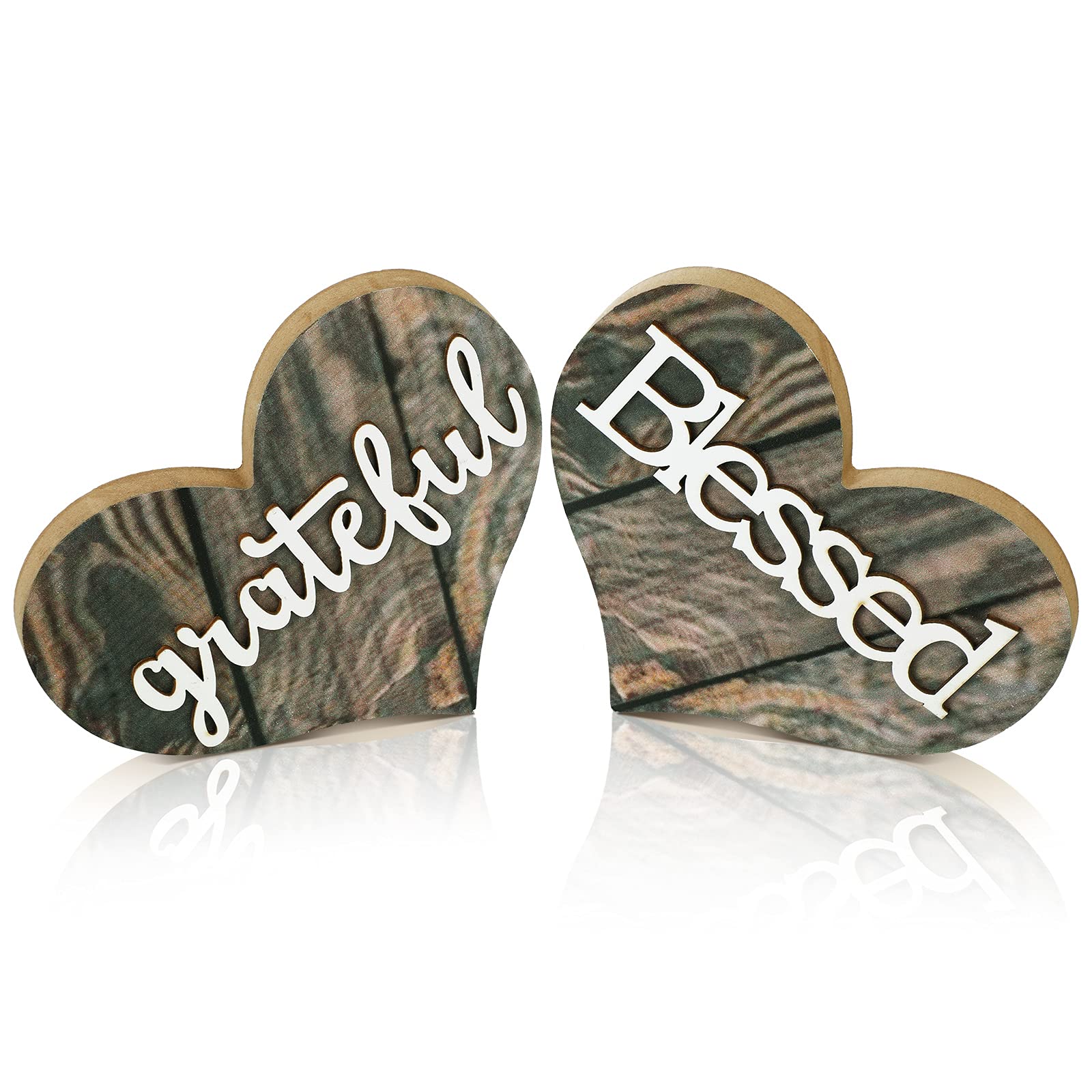 Jetec2 Pieces Grateful Blessed Sign, Heart-Shaped Wooden Decoration, Rustic Wooden Heart-Shaped Tiered Tray Decor for Living Room Bedroom Office Table