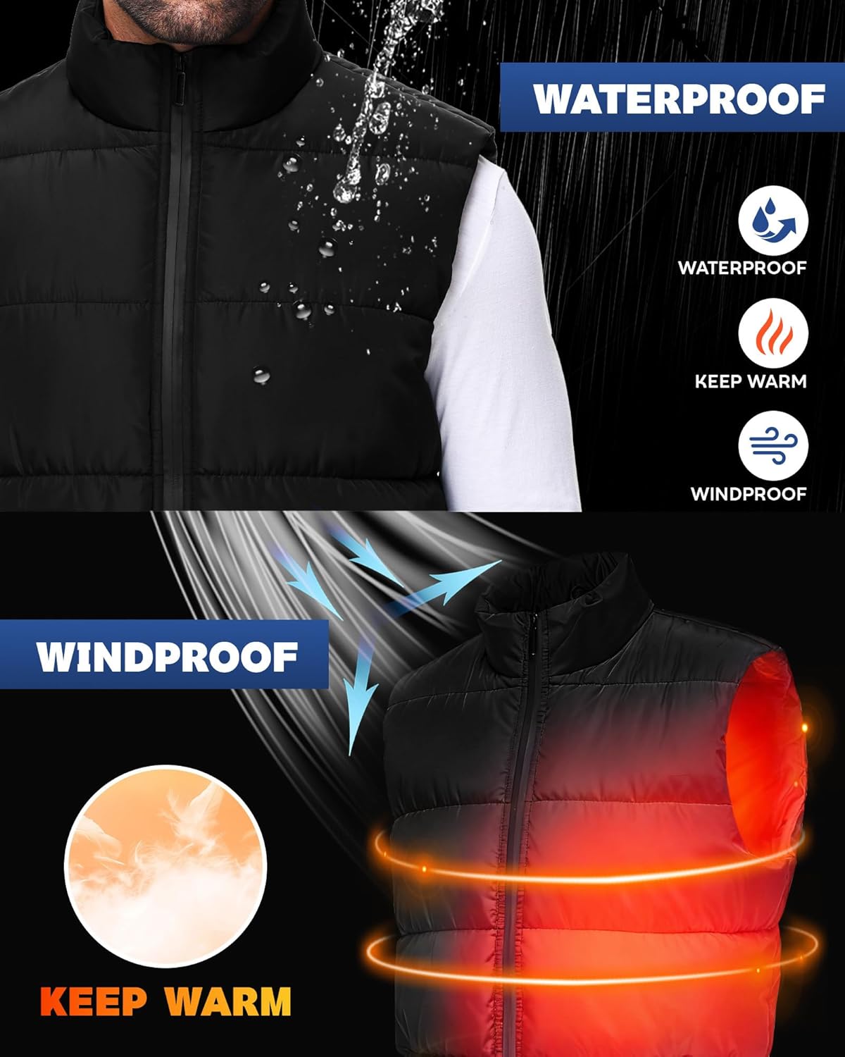 Polu Men's Puffer Vest Water-Resistant Sleeveless Jacket Stand Collar Zipper Winter Warm Outerwear - Image 3