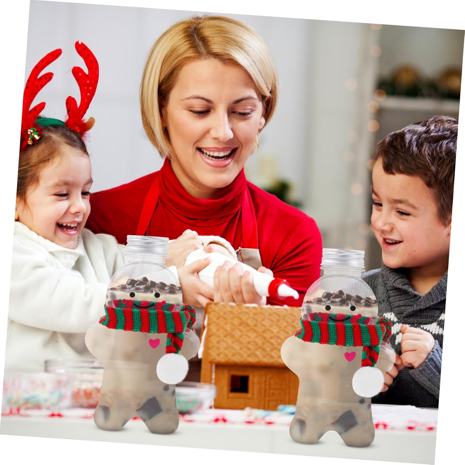 Cabilock 10 Sets Christmas Gingerbread Man Beverage Bottles Food Grade Water Containers with Red and Green Scarves Sealed Candy Jars for Party School Family Gathering Reusable Drink Holders