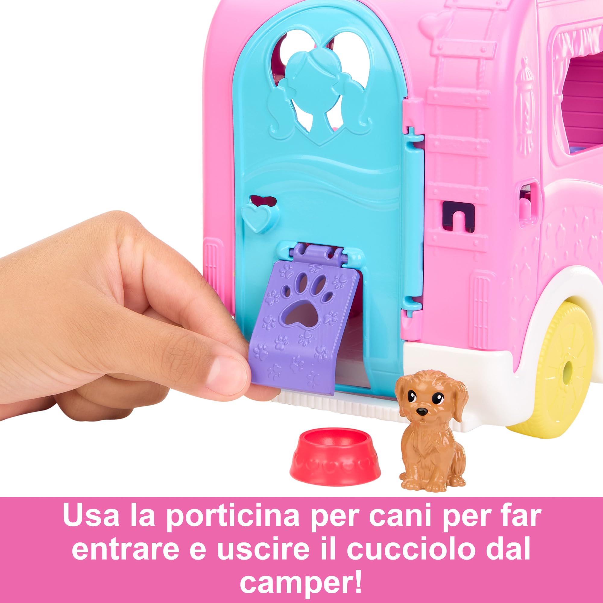 Barbie - Camper di Chelsea 2 in 1, playset con veicolo che si trasforma in un campeggio e mini bambola Chelsea, 2 cuccioli e 15+ accessori inclusi, giocattolo per bambini, 3+ anni, HNH90