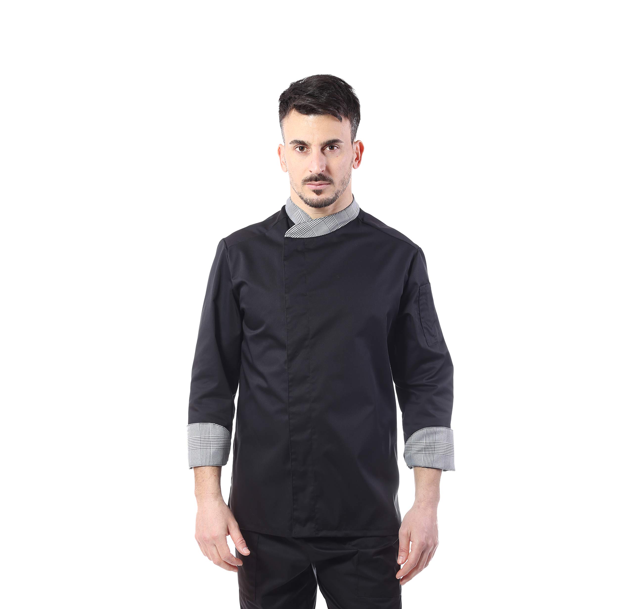 Chaqueta de cocinero para hombre – Negra y Príncipe de Gales, Jessi – Casaca Chef – Uniforme personalizable para cocina y restaurante – Fabricado en Italia