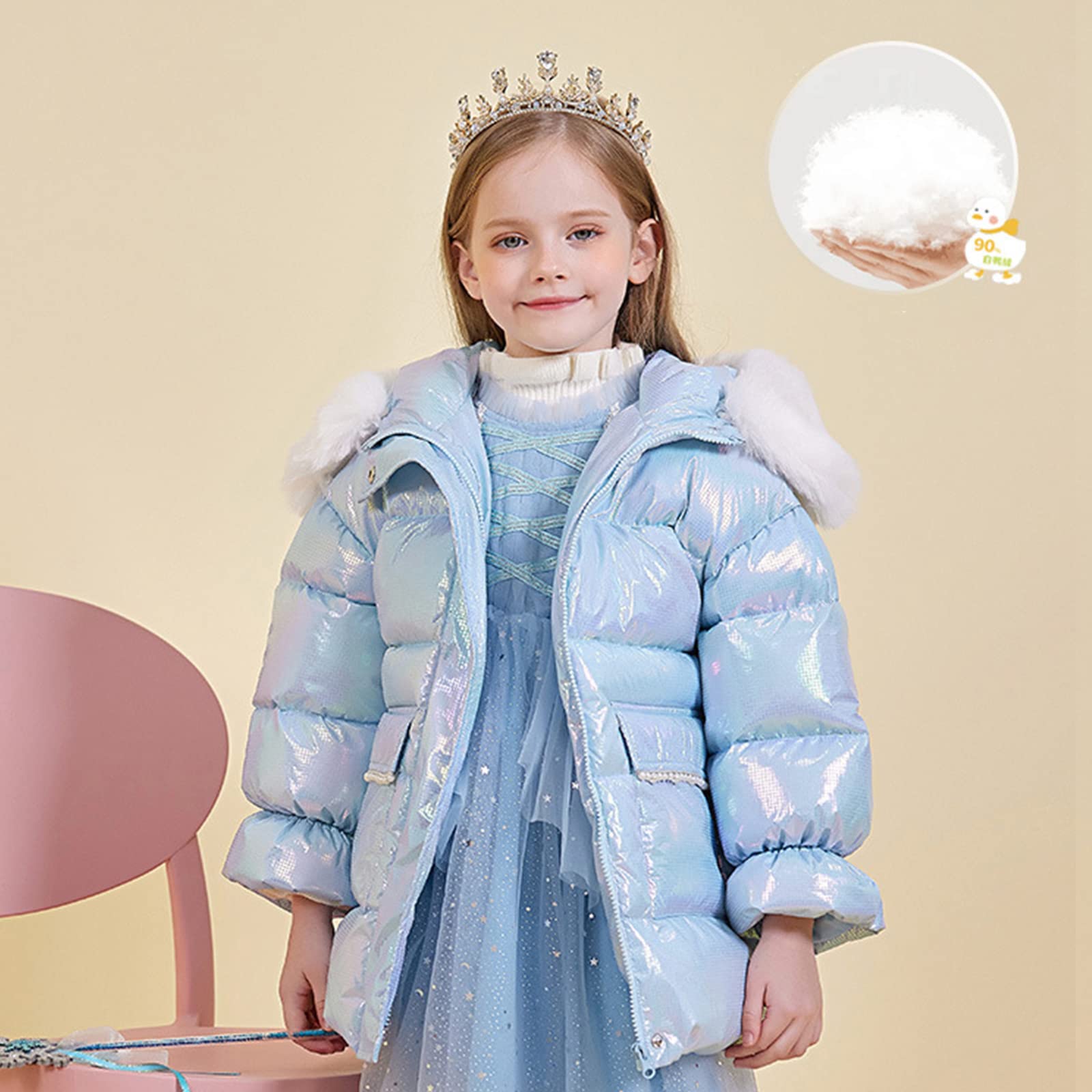 Piumino Invernale Dolce Ragazza di Media Lunghezza 90 Soffice Piumino D'Anatra Bianca Abbagliante Giacca Calda per Bambini Cappotto Colorato Cappuccio Luminoso,Blue,6T(120CM)