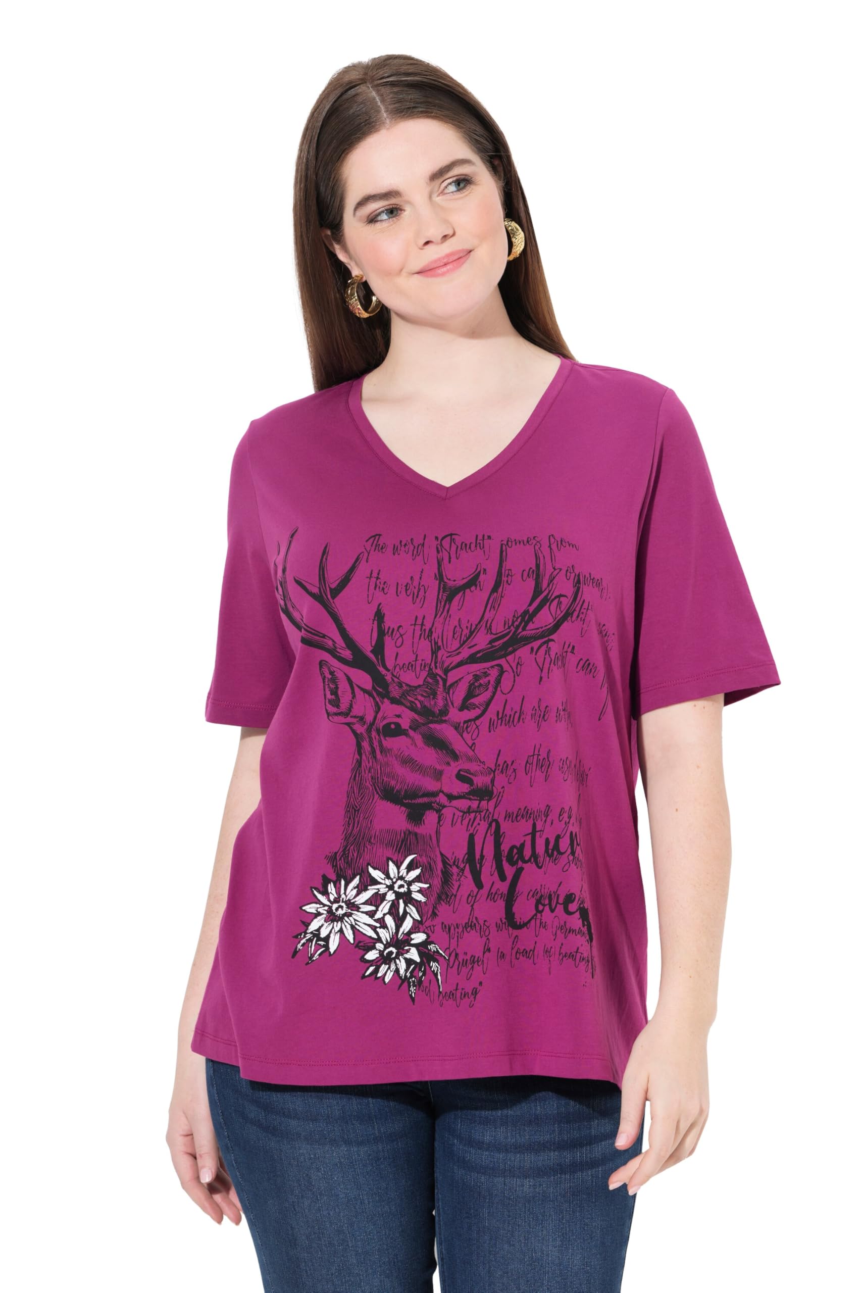 Ulla Popken Damen große Größen Übergrößen Plus Size T-Shirt, Trachtenmotiv, Classic, V-Ausschnitt, Halbarm 840733