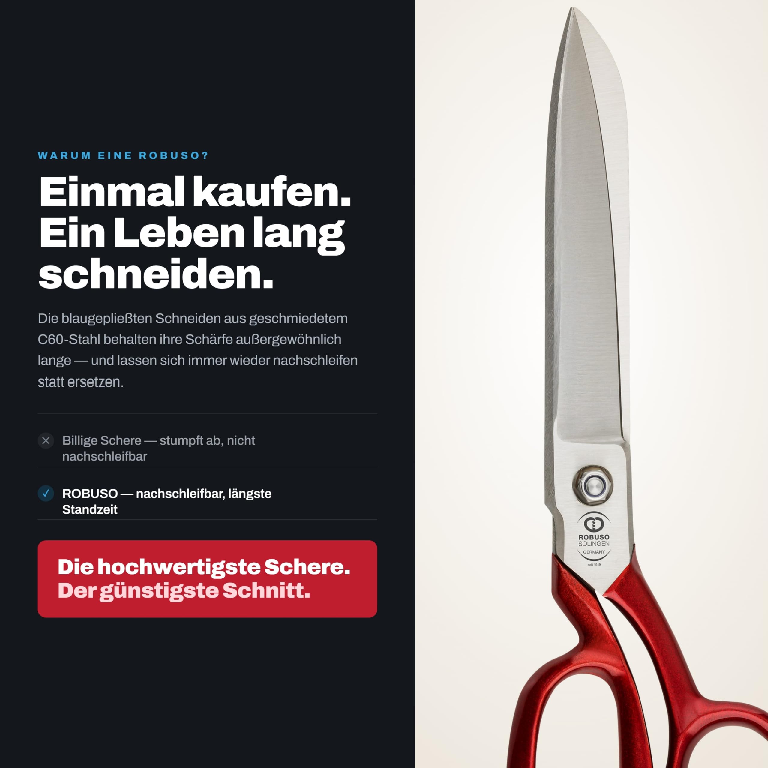 ROBUSO Schneiderschere in Meisterqualität | Stoffschere | Hergestellt in Solingen | Schere aus geschmiedetem C60 Kohlenstoffstahl | Gehärtet | 26 cm – 10"