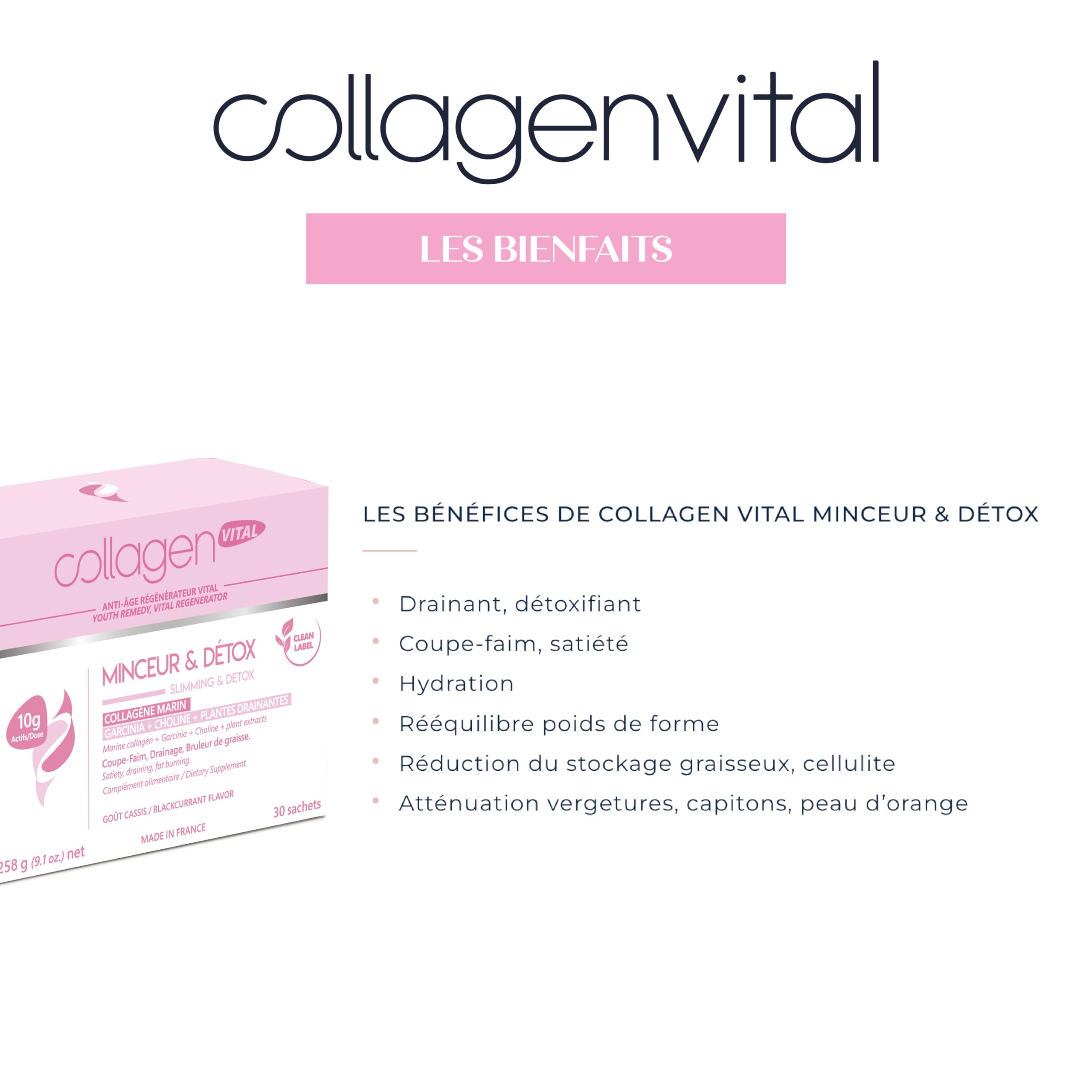 Collagen Vital - Collagen Vital Minceur & Détox - Cure de 1 Mois - Actifs de Biopeptides de Pur Collagène Marin - Goût Naturel de framboise - Fabrication Française - 30 Sachets