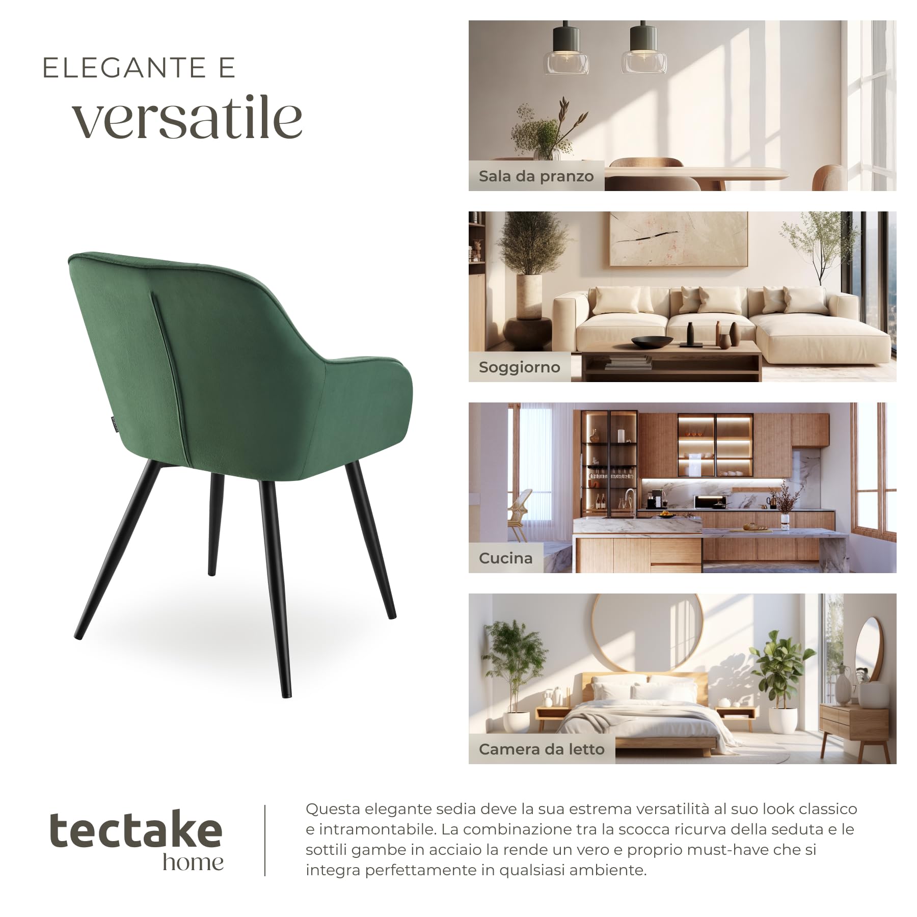 tectake® Sedie da Pranzo Effetto Velluto Trapuntato, Elegante, Imbottitura Schiuma Alta Densità, Gambe in Acciaio, Montaggio Semplice - Verde Scuro/Nero, 1 Sedia