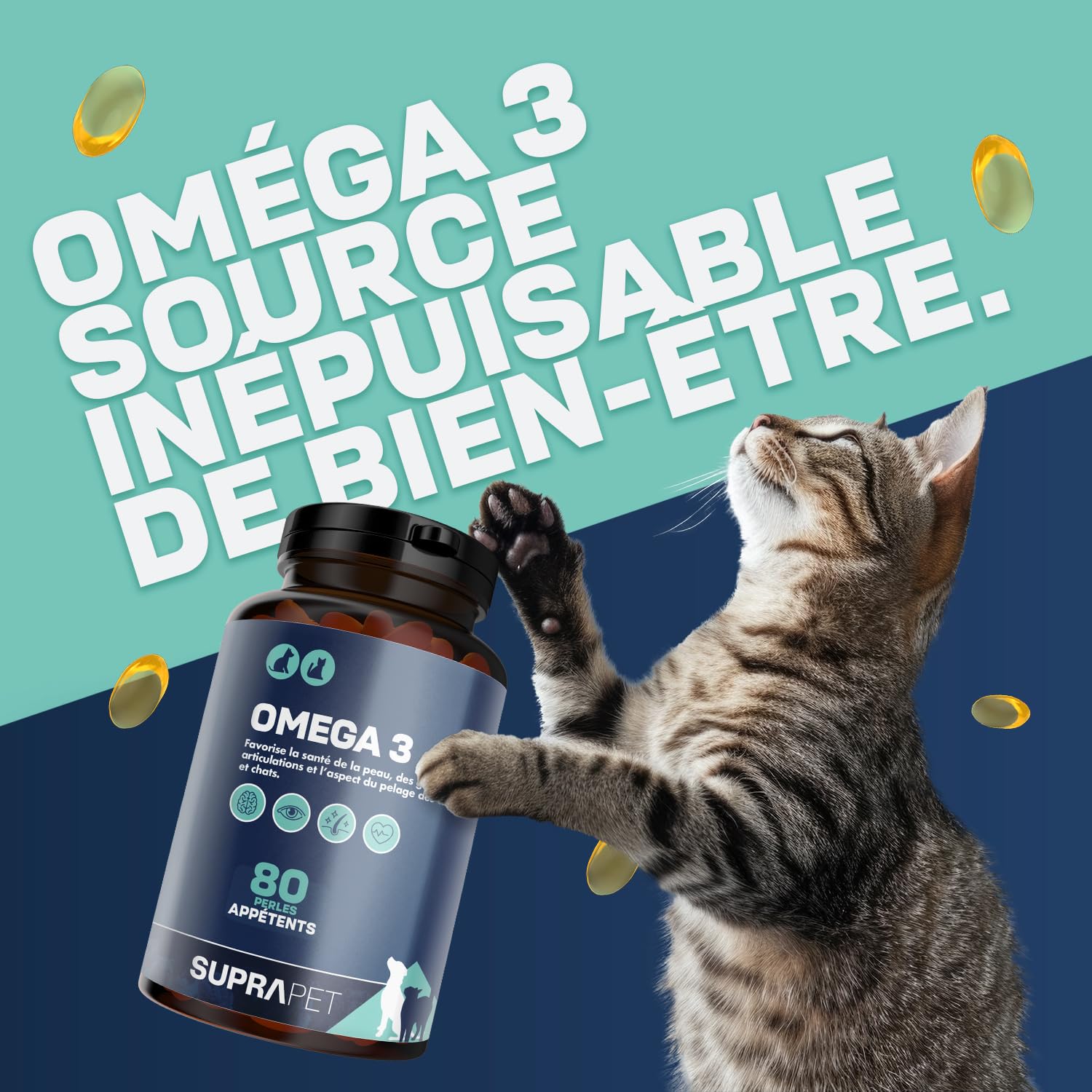 Suprapet Omega 3 pour Chiens et Chats Huile de Poisson, EPA, DHA et Vitamine E 80 Perles. Aliment Complémentaire Naturel pour Le Pelage et Les Articulations (80 unités, Boîte de 1).