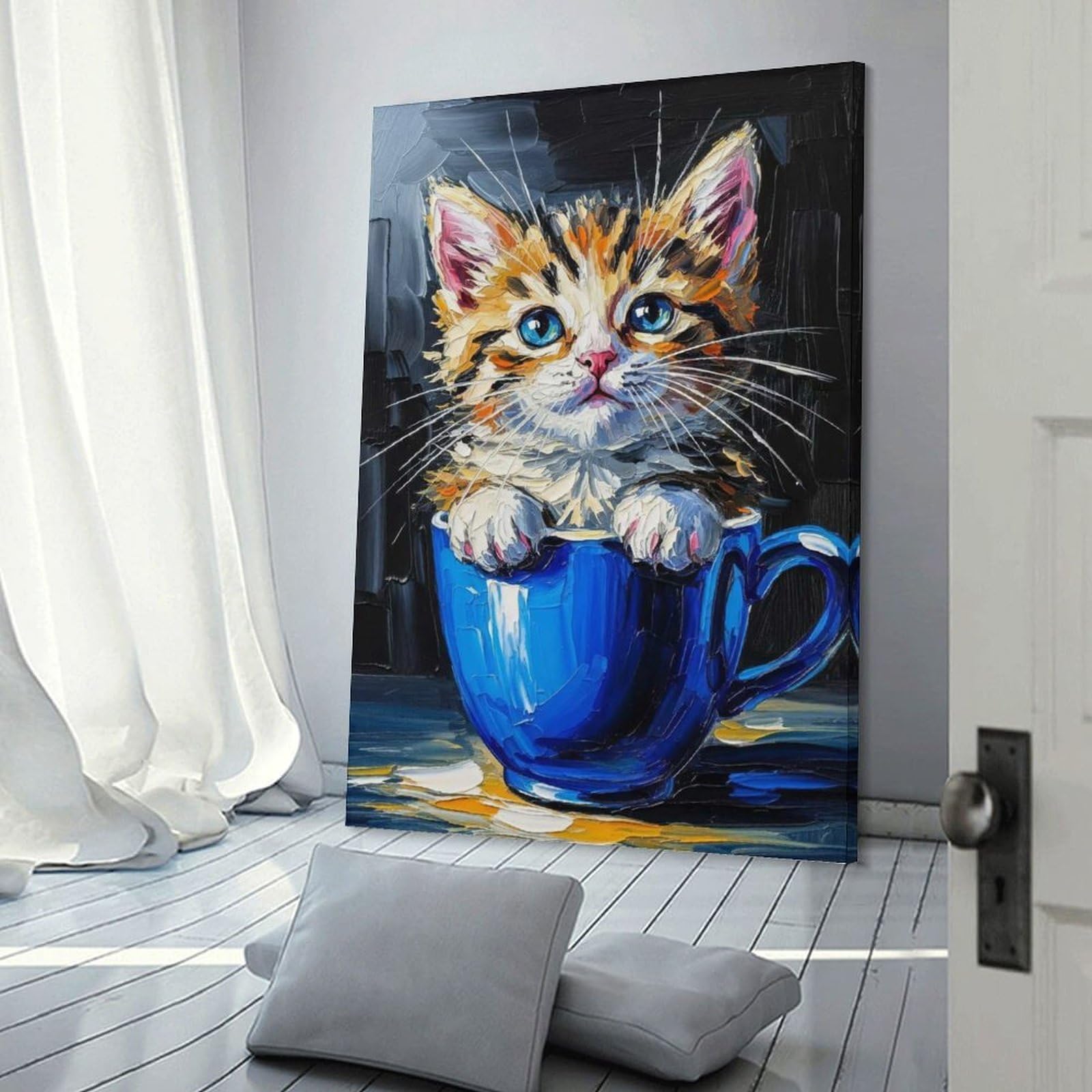 Junmoney Canvas Wall Art Kitten in A Cup Painting, 20x30inch(50x75cm), for Bedroom, Guest Room Or Reading Nook, Canvas Wall Decor for Personal Spaces