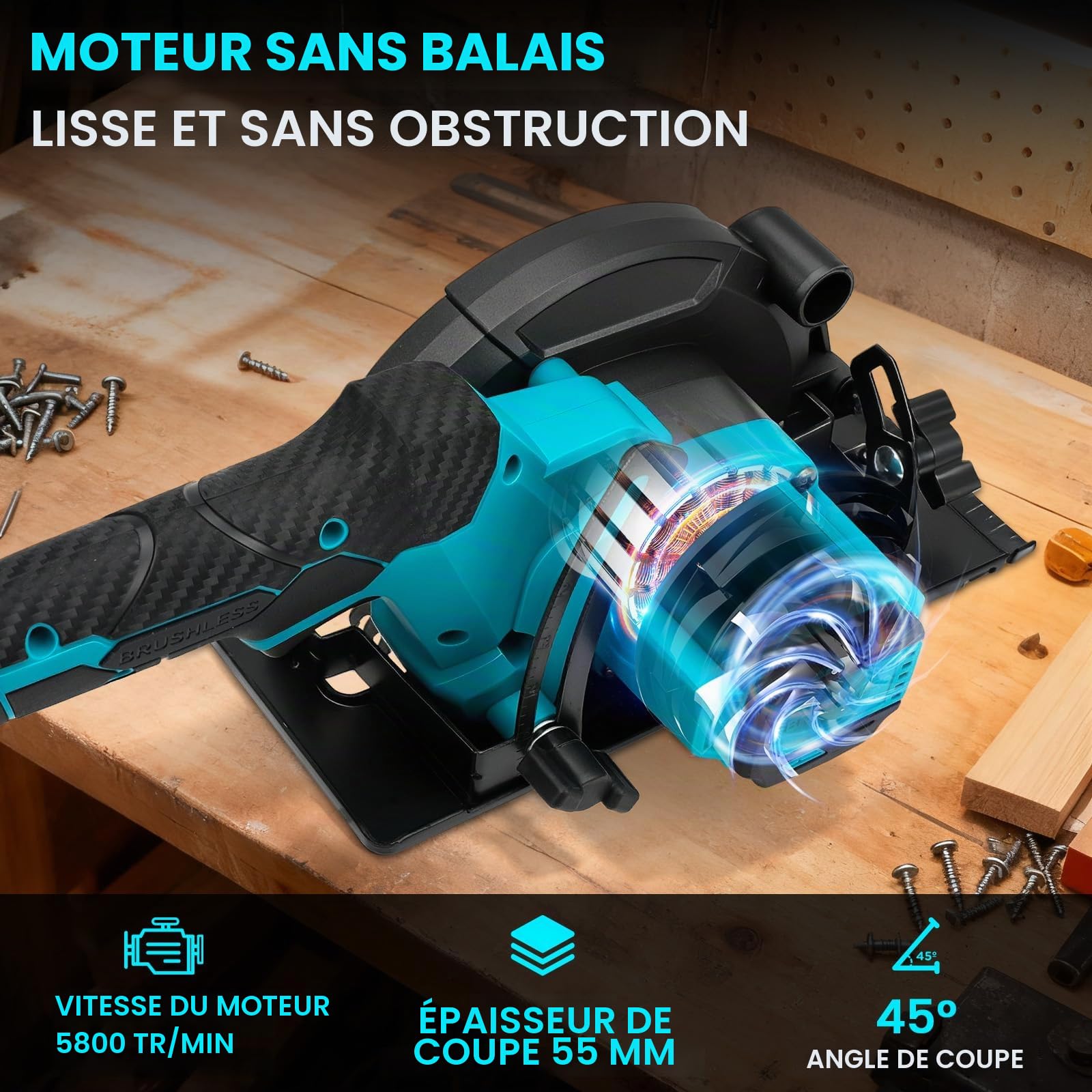 Scie circulaire sans fil pour Makita 18 V batterie, mini scie circulaire manuelle Sans brosse avec 3 Lames, Profondeur de Coupe de 55 mm, 5800 RPM, coupes d'onglet de 45°, pour Bois, Carrelage, Métal