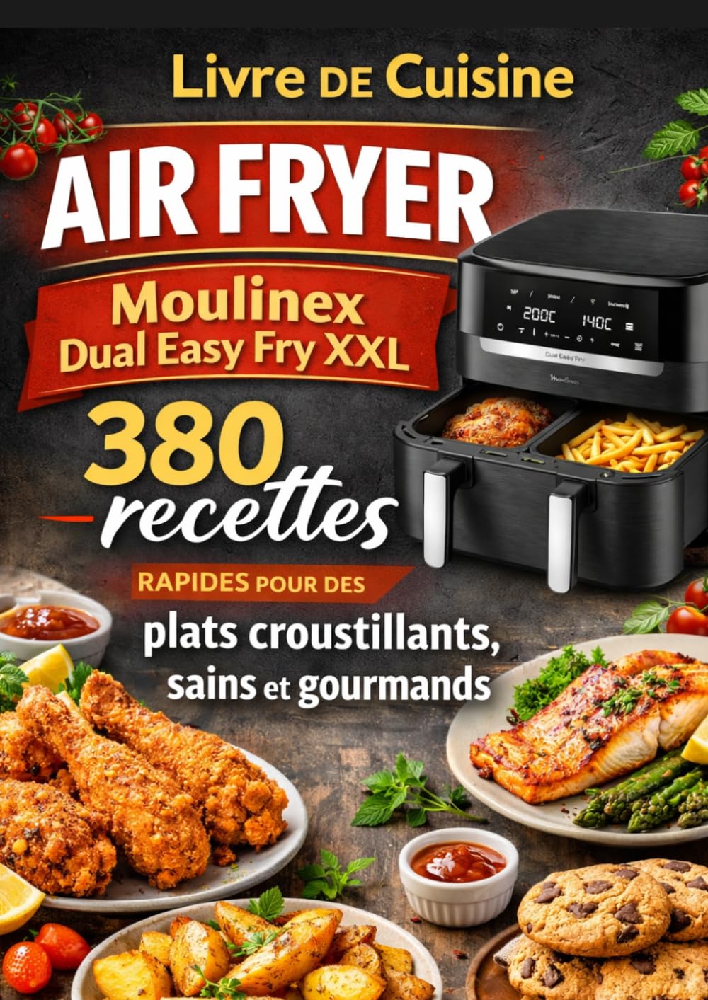 Livre de Cuisine Air Fryer Moulinex Dual Easy Fry XXL 380 recettes rapides pour des plats croustillants, sains et gourmands