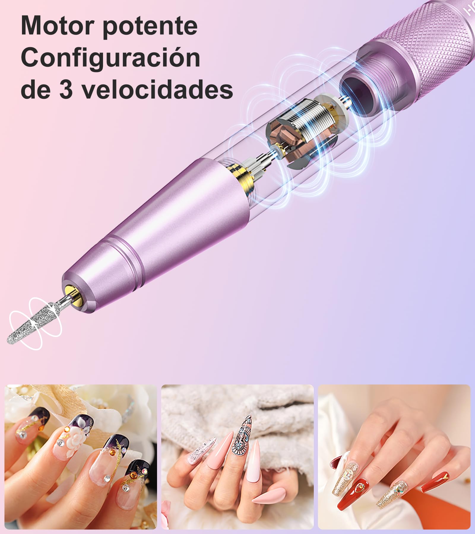 HEBECA Torno para Uñas Profesional - Lima Electrica Uñas 20000RPM - Nail Drill Machine para Uñas de Gel Acrílico Natural Recargable