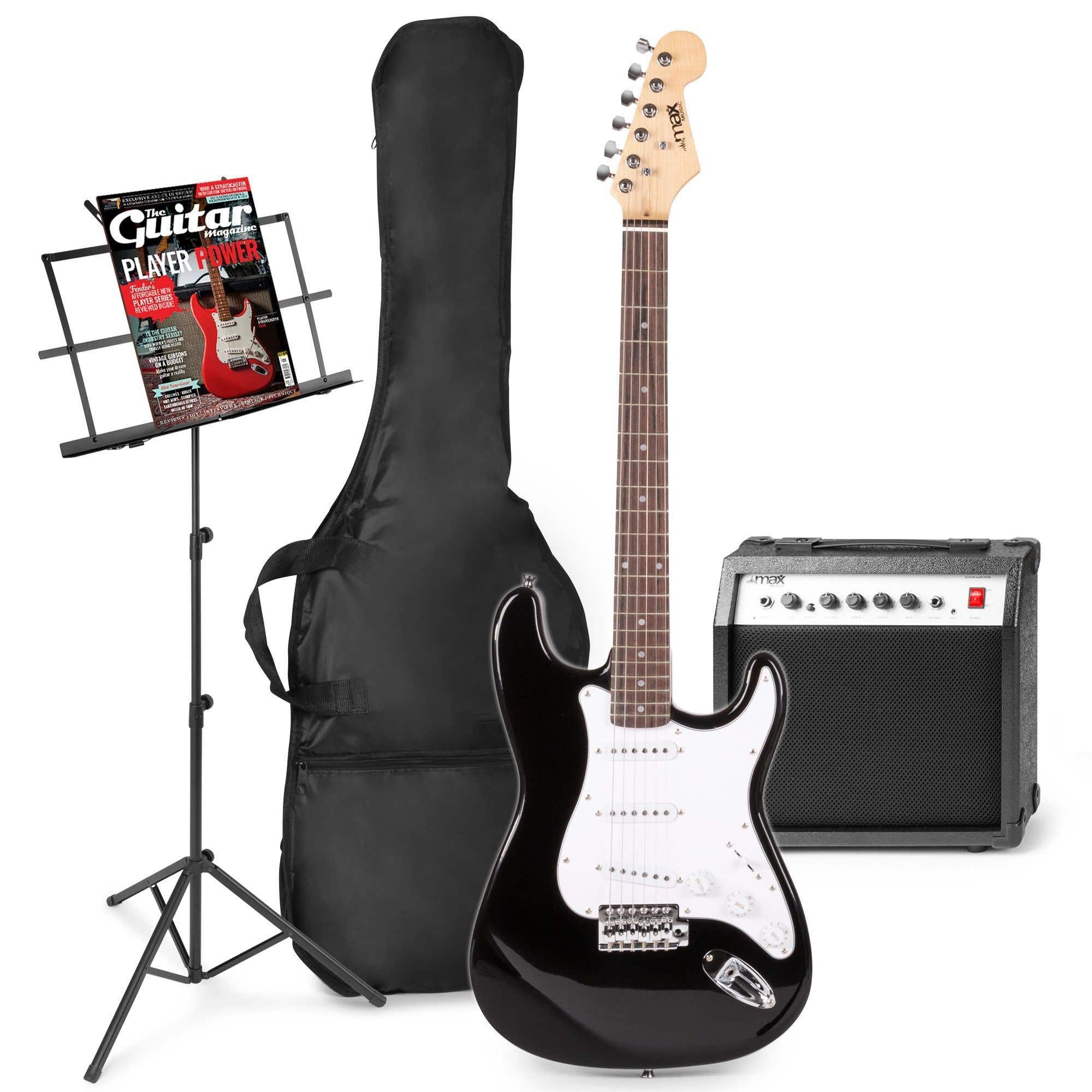 MAX GigKit Pack Guitarra eléctrica - Amplificador de guitarra de 40 vatios, guitarra eléctrica, atril, funda de guitarra, afinador, cable de instrumento, correa de guitarra y accesorios - Negro