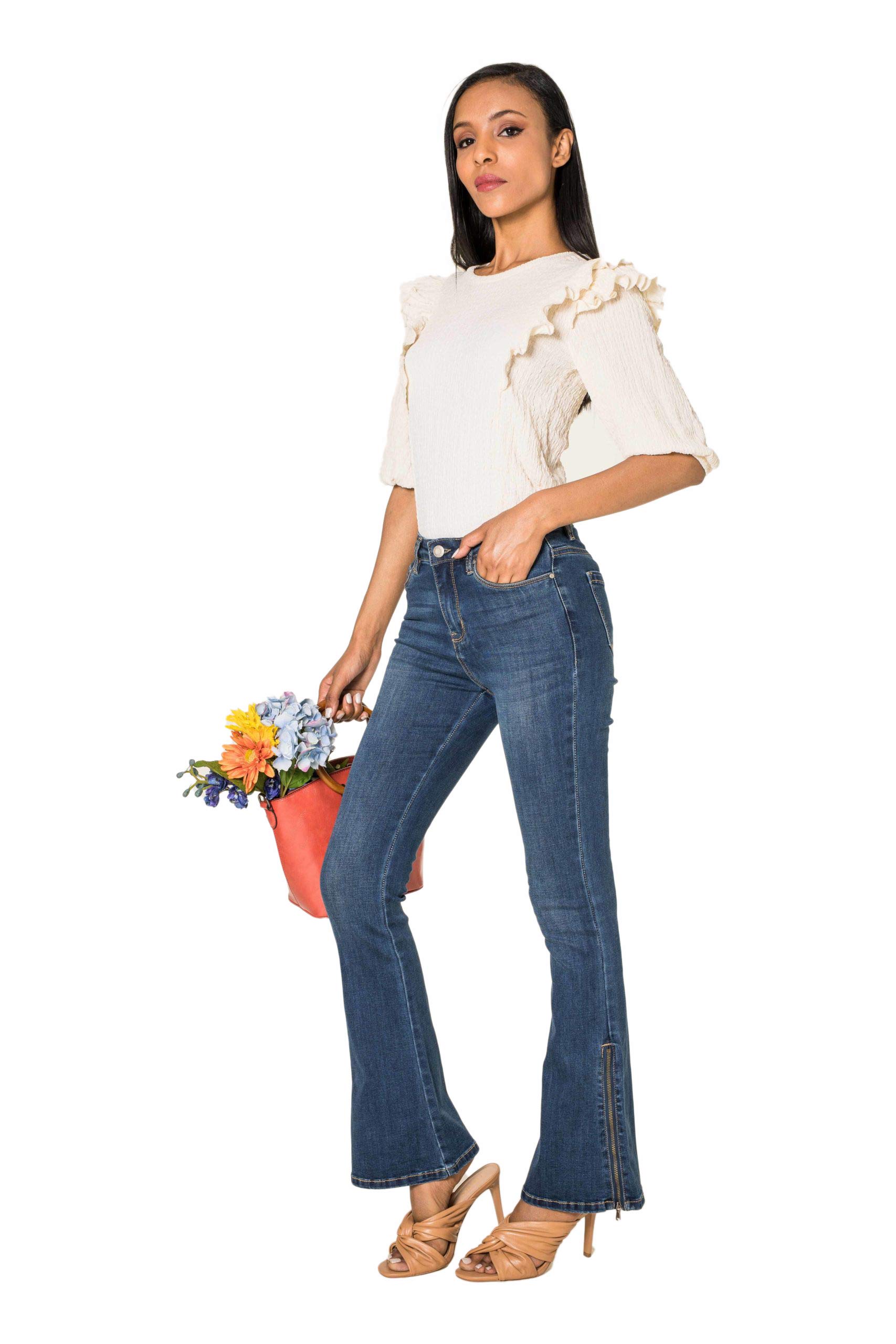 Nina Carter P151 Jeans da donna Flared Bootcut zip look usato jeans svasati