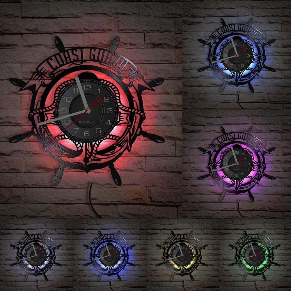 12 Inch Coast Guard LED Wall Clock with 7 Colors Changing, Silent Quartz Non Ticking Vintage Decorative Analog Black Vinyl Record Wall Clock for Coast Guardsman Retirement Gifts Office Decor