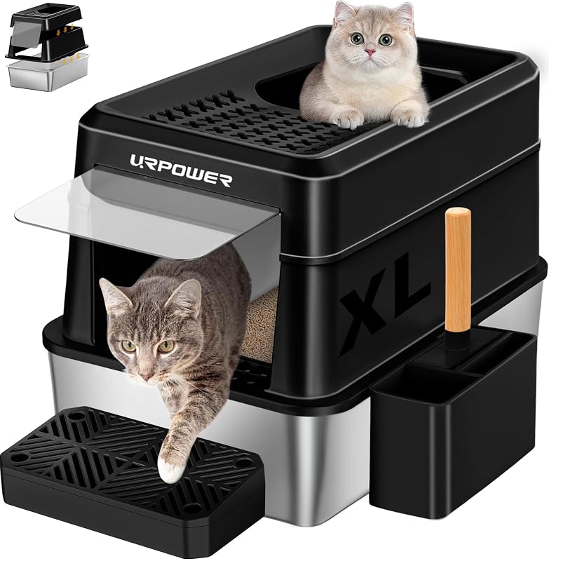 Caixa de areia para gatos extra grande em aço inoxidável com tampa URPOWER, 1 unidade