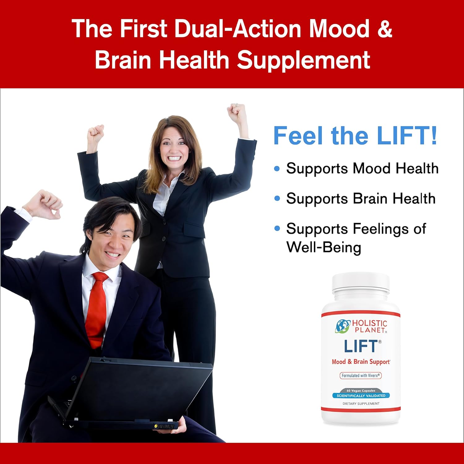 Holistic Planet® Lift® – Premium Mood Brain Health Supplement – All-Natural Clinically Studied Ingredients – with Bacopa Monnieri, 5-HTP, Guarana, GABA, Ashwagandha, L-Glutamine, and Magnesium