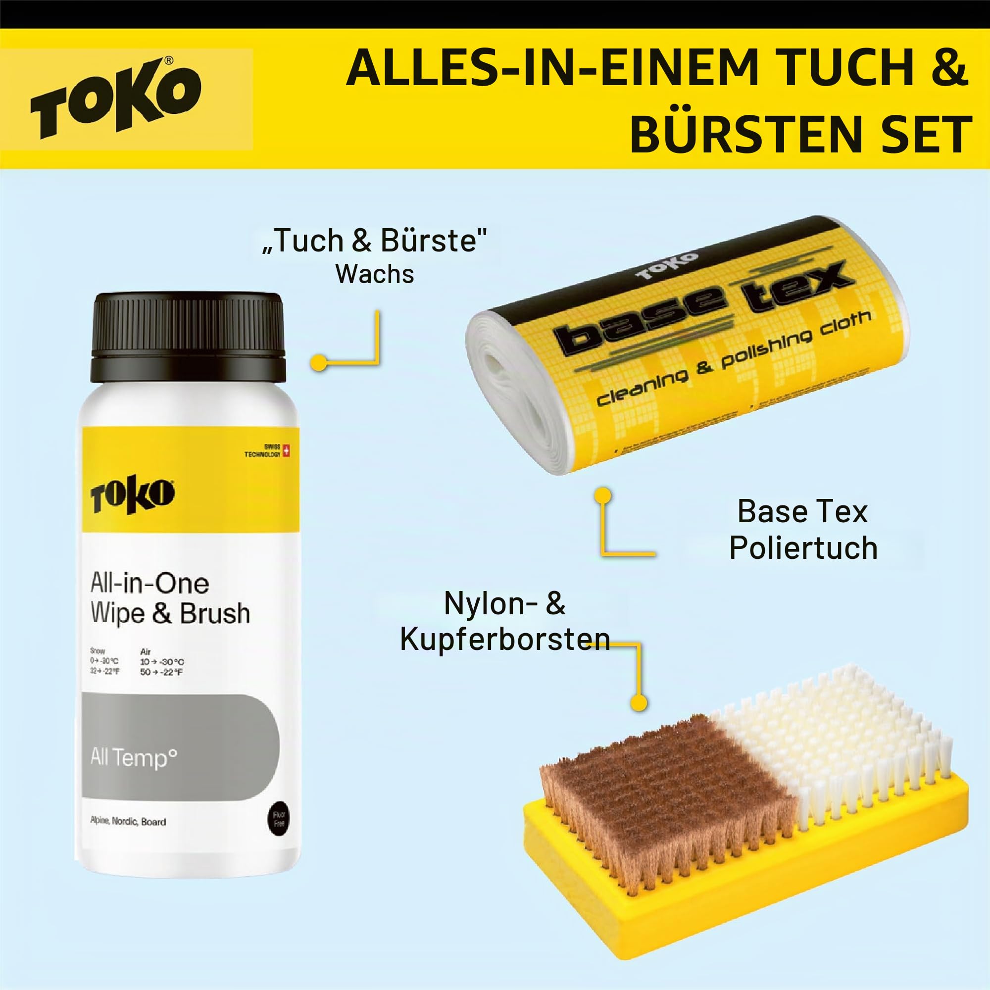 TOKO All-in-One Wipe and Brush Kit, Skiwachs Set ohne Bügeleisen, 250 ml