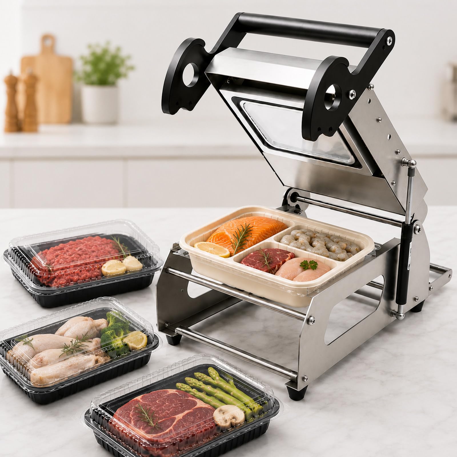 JIYINGHUI Commercial Food Tray Heat Sealing Machine,Stainless Steel,7–8 Trays/Min,30s Fast Heating,260mm / 320mm Film Width,for Fresh Food Packaging, Catering, Takeaway FR220E-140 * 140mm