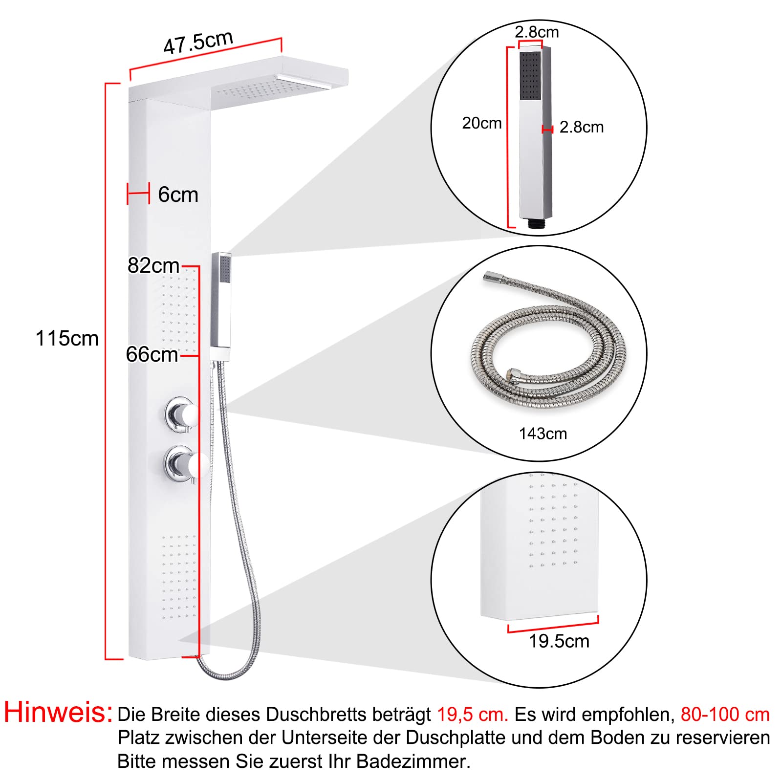 UISEBRT Pannello Doccia Idromassaggio in Acciaio Inox - 4 Funzioni Colonna Doccia Set con per Bagno Inox Sistema Set Doccia con Soffione Fisso,Massaggi,Doccetta e Bocca Vasca (Bianco opaco)