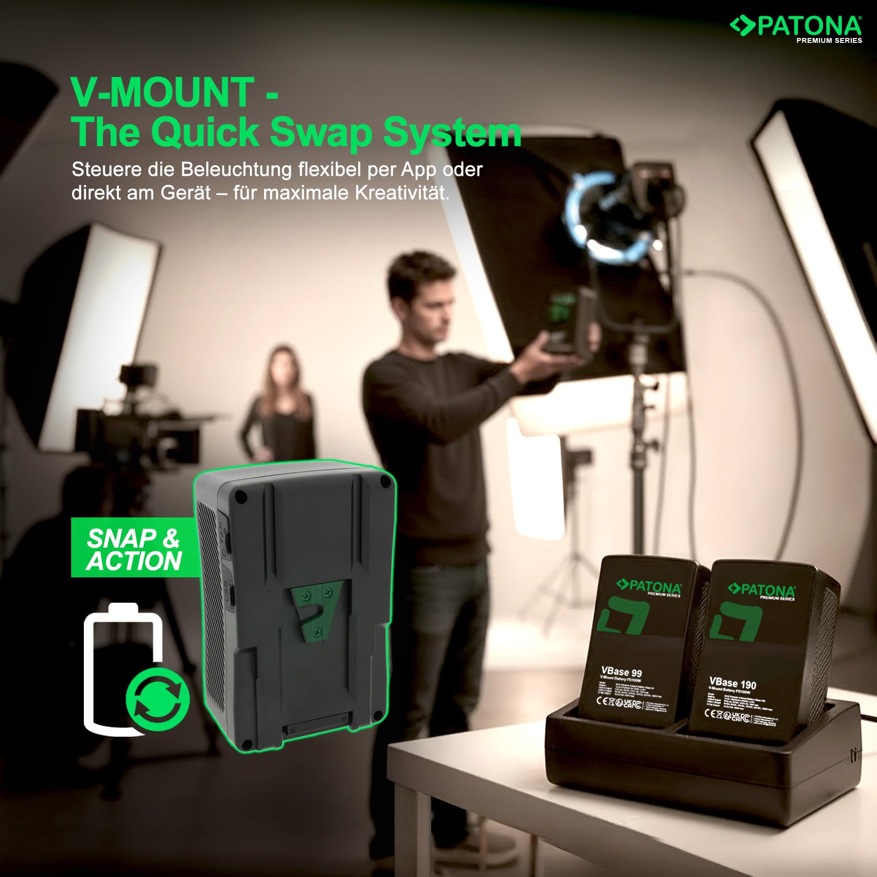 PATONA VBase 190 V-Mount Akku 190Wh mit V-Lock und PD 100W | USB-C, D-Tap und USB-A – Profi-Cinema-Akku für Kamera, Monitor und LED-Licht, inkl. Hardcase