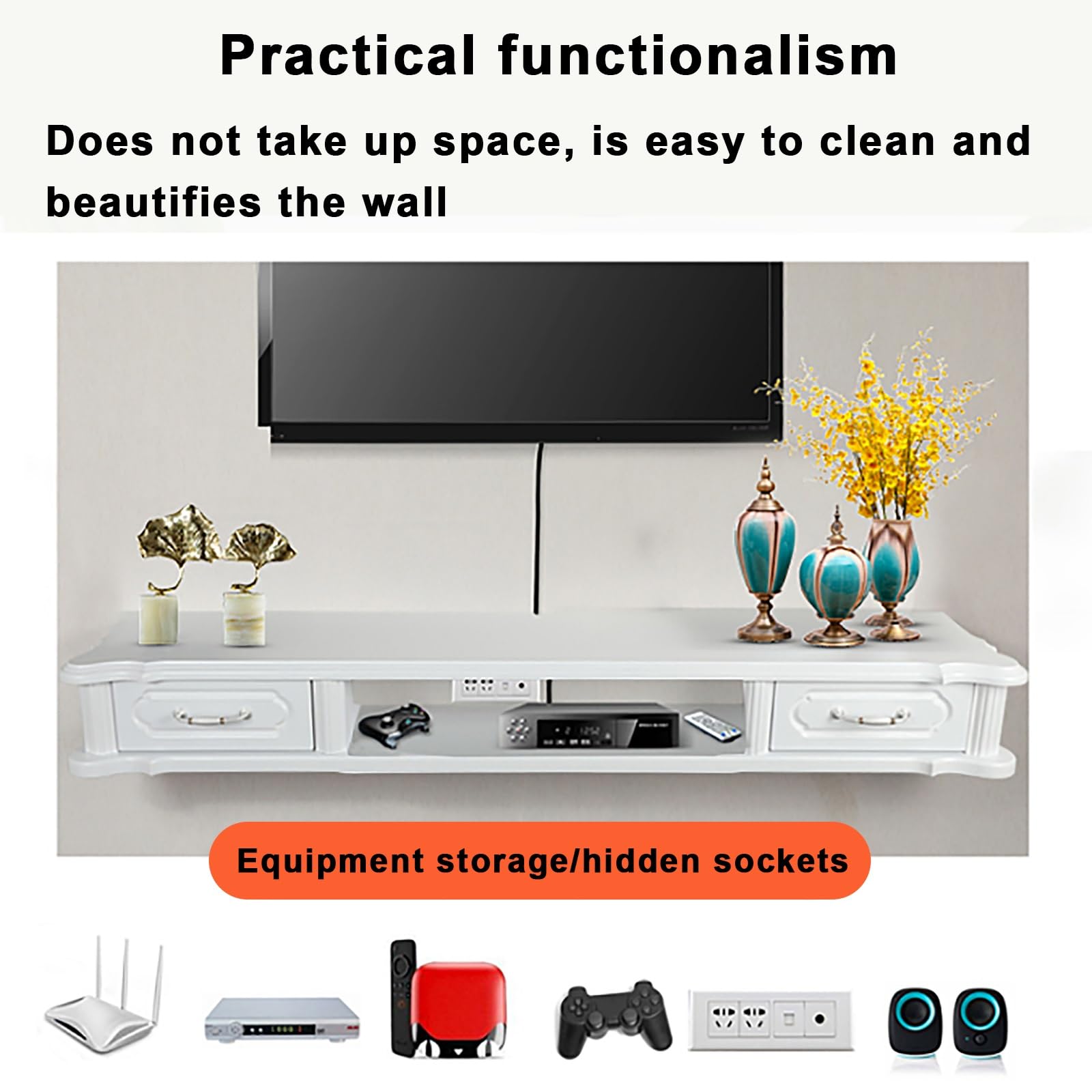 Mobile TV sospeso moderno con ante e cassetti, console di intrattenimento lucida per soggiorno e camera da letto, gestione dei cavi, montaggio a parete, 160 cm, design bianco