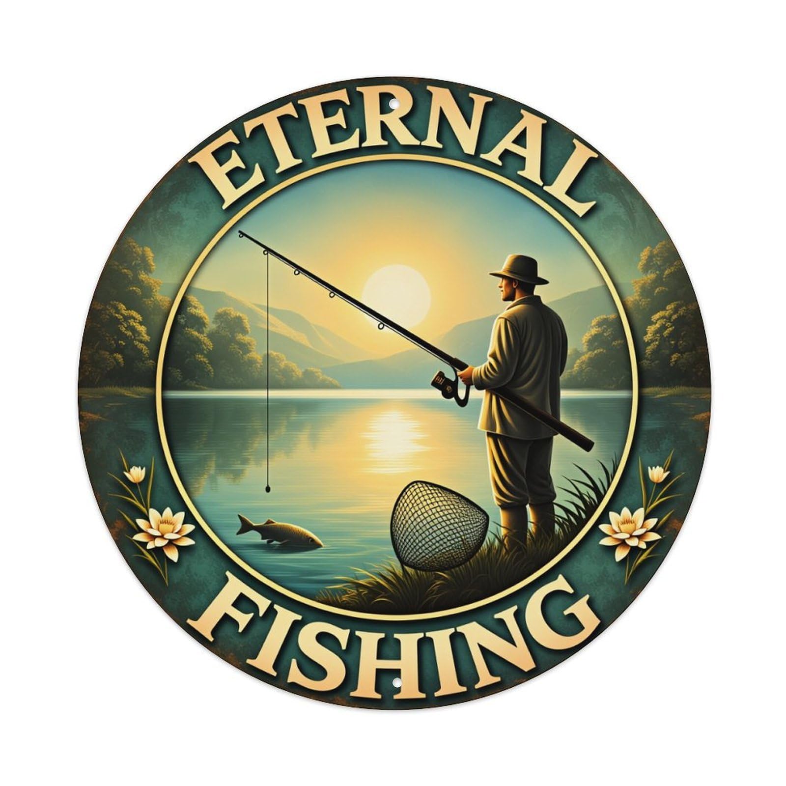 Eternal Fishing Scene With Man And Fish Metal Tin Sign Vintage Garden Bedroom Cafe Bar Man Cave Home Wall Decor Metal Poster 8x8 inches
