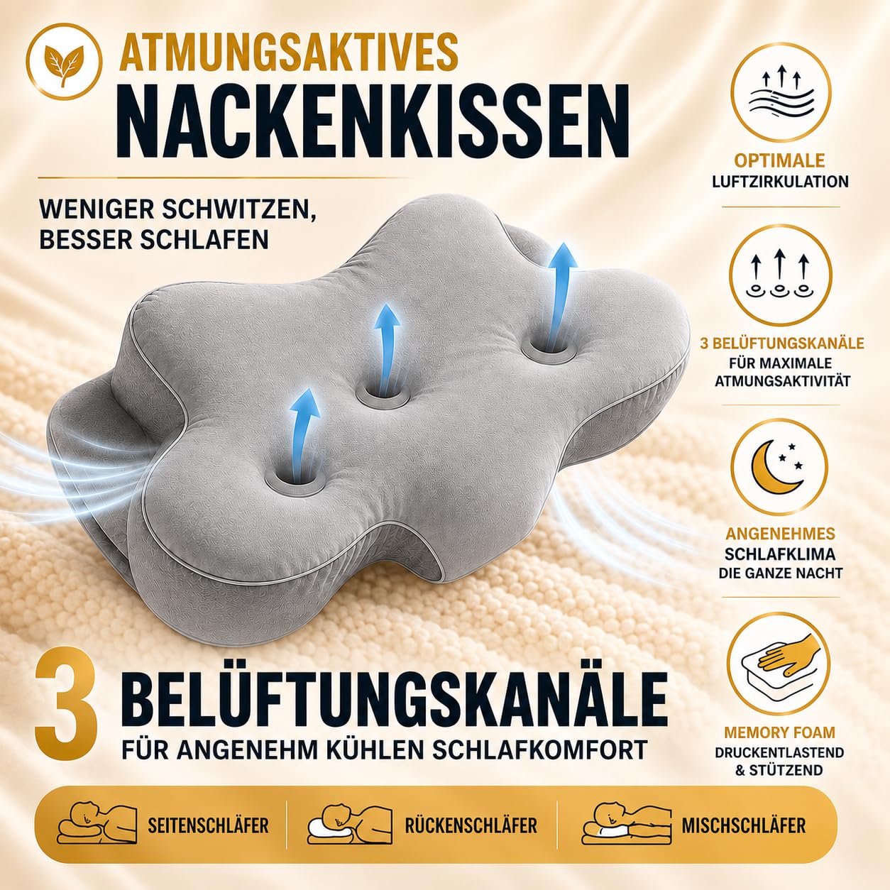 Ergonomisches Kopfkissen & Nackenstützkissen – Orthopädisches Nackenkissen [TESTSIEGER] Memory Foam gegen Nackenschmerzen & Schnarchen, Kopfkissen für Seiten-, Rücken- & Bauchschläfer