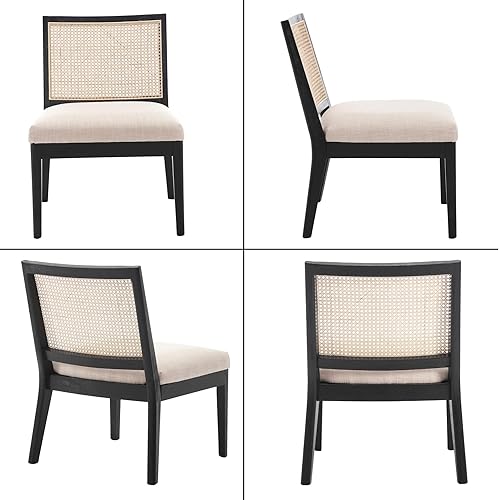 Miniatura 6 de Comfy Accent - Silla de lectura con respaldo tejido de caña, tapizada de lino con patas de madera negras, silla auxiliar pequeña para sala de estar,