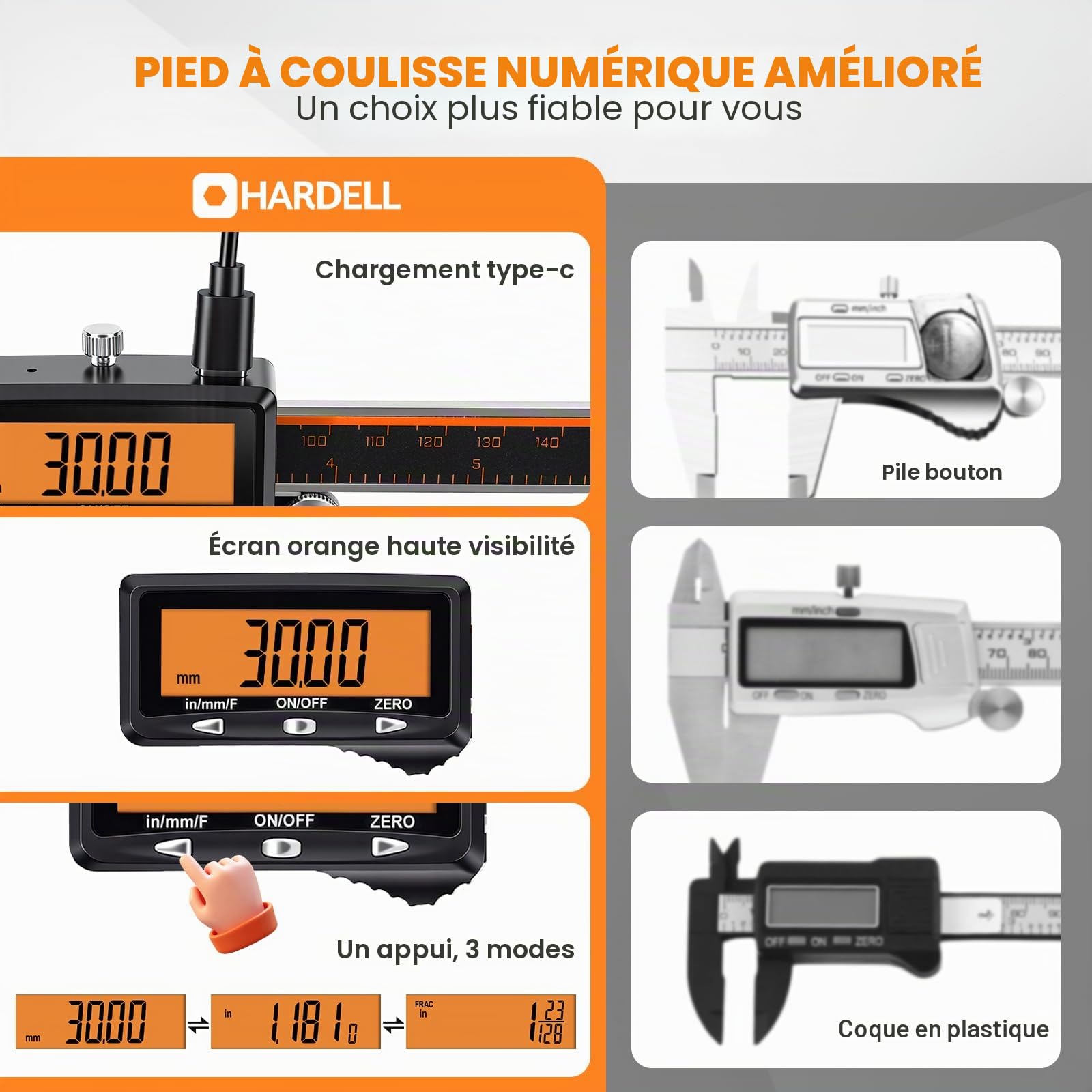 HARDELL Pied à Coulisse Numérique Rechargeable 150 mm/6" – Grand Écran Orange, Micromètre Acier Inoxydable, Arrêt Automatique, Pouce/mm/Fraction, pour Bricolage Maison & Impression 3D