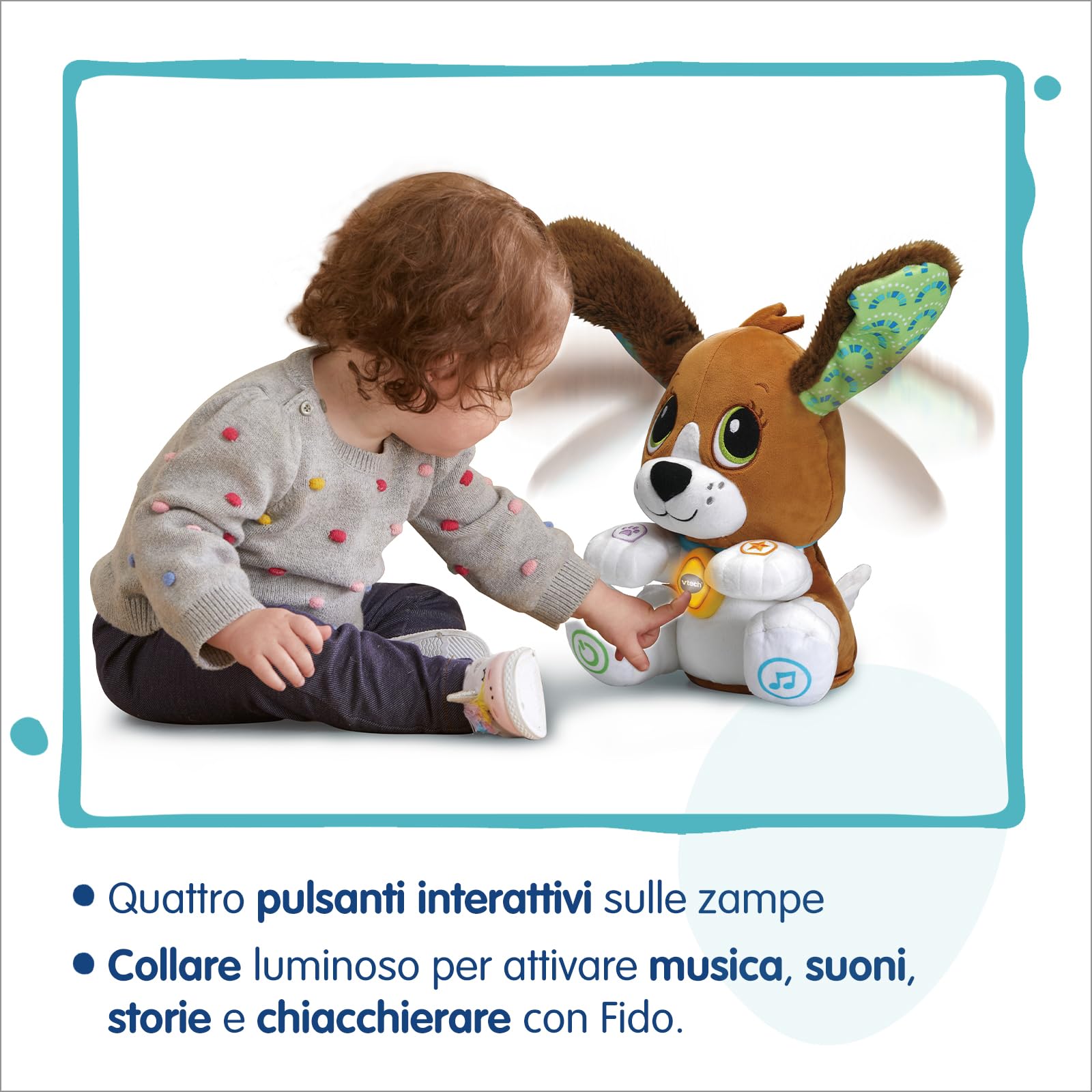 VTech Fido, rozmawiaj i baw się ze mną, interaktywna zabawka, piesek, zabawka powtarzająca wszystko, gra ewolucyjna z 3 poziomami rozwoju, porusza uszami, język włoski, baterie w zestawie, 1-5 lat