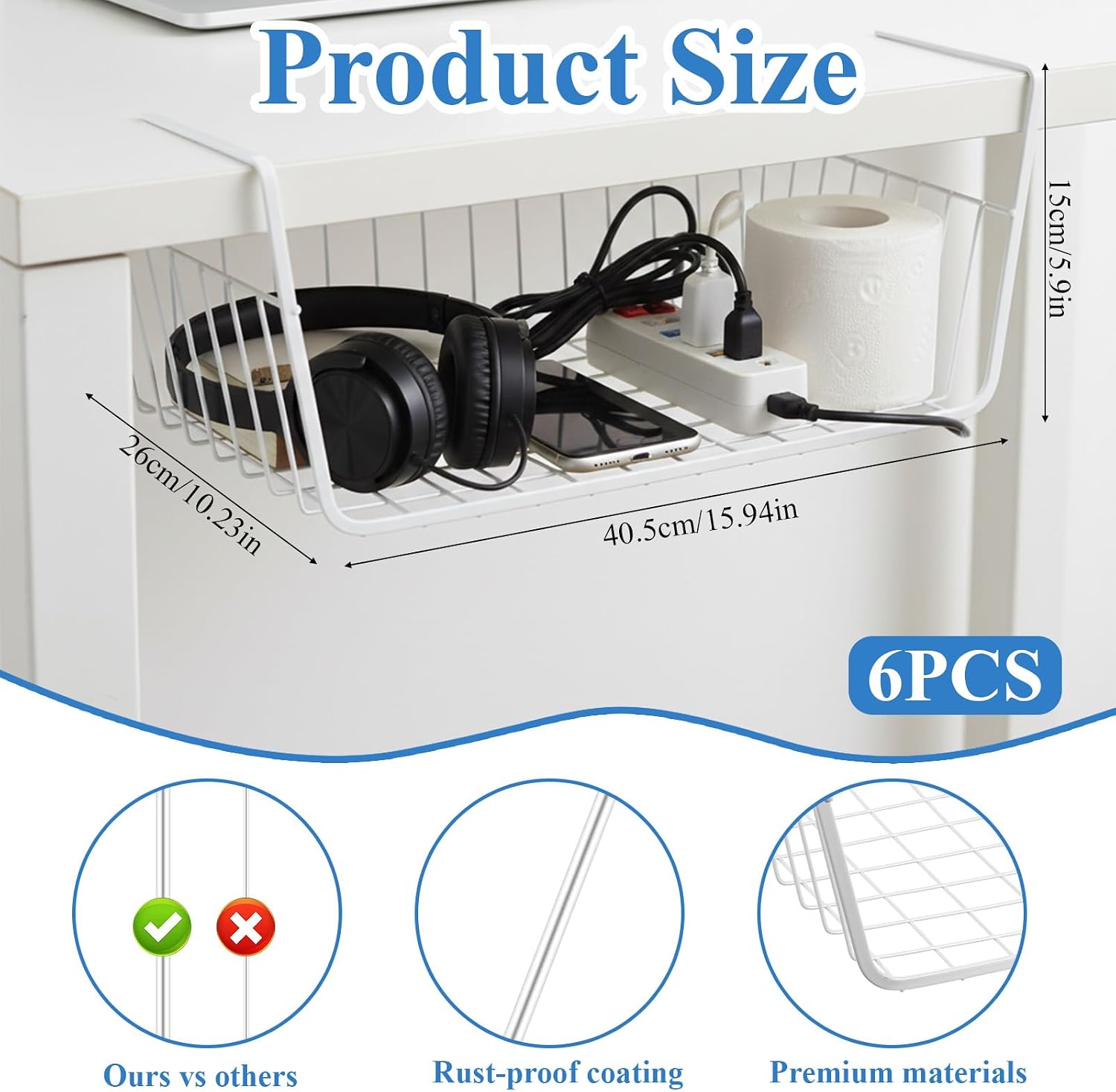 6 Pack Under Shelf Basket, Slide in Wire Hanging Storage Baskets, Slides Under Wire Shelves, Undershelf Hanging Storage Bin Basket for Kitchen, Pantry, Counter, Desk Bookshelf (White)