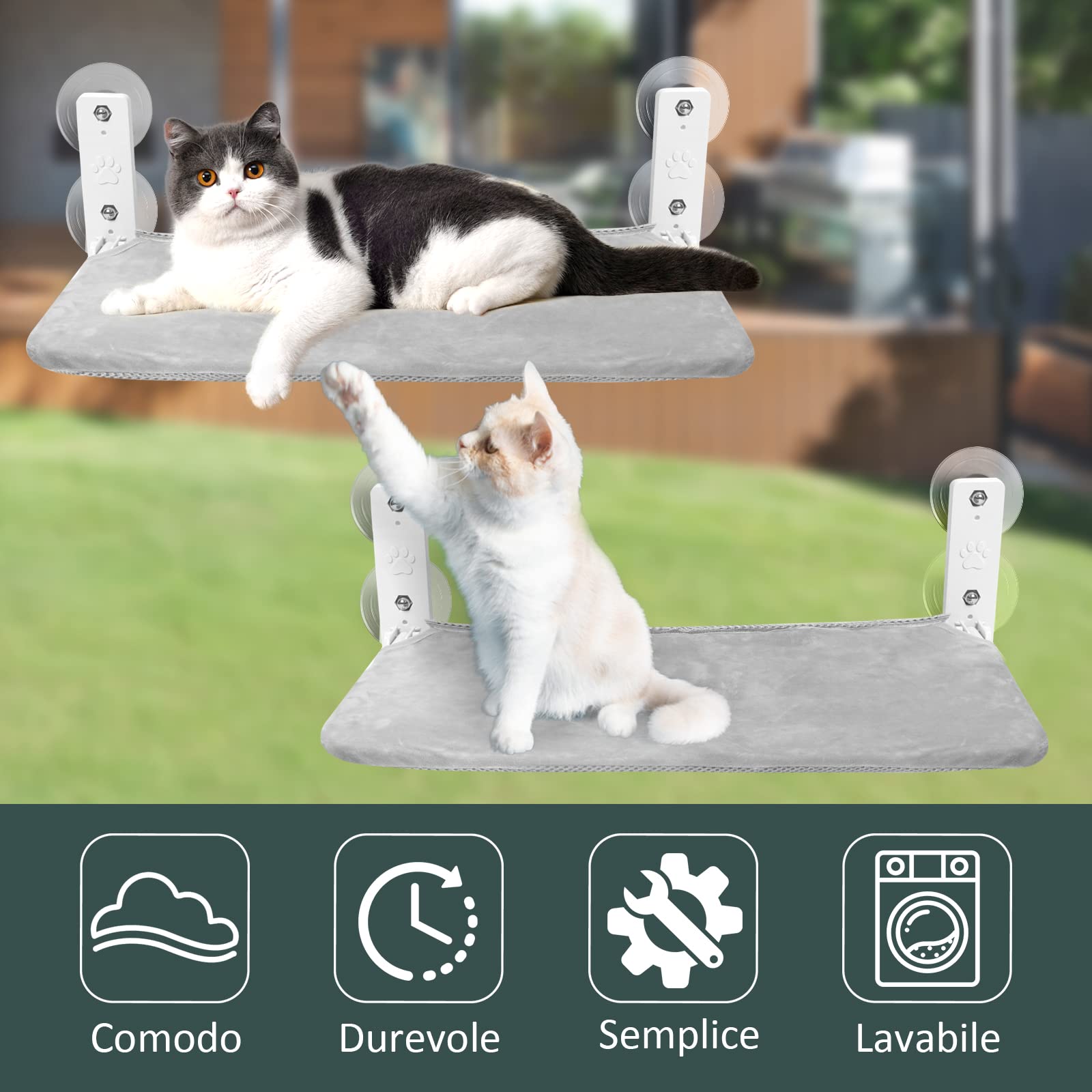 GUUSII HOME 2PCS Amaca Gatto da Finestra Amaca per Gatti Trespolo da Appendere Mensole Cuccia con Potenti Ventose Letto Facile da Montare Tappetino Reversibile 52 * 30cm Fino a 25kg (Grigio, M)
