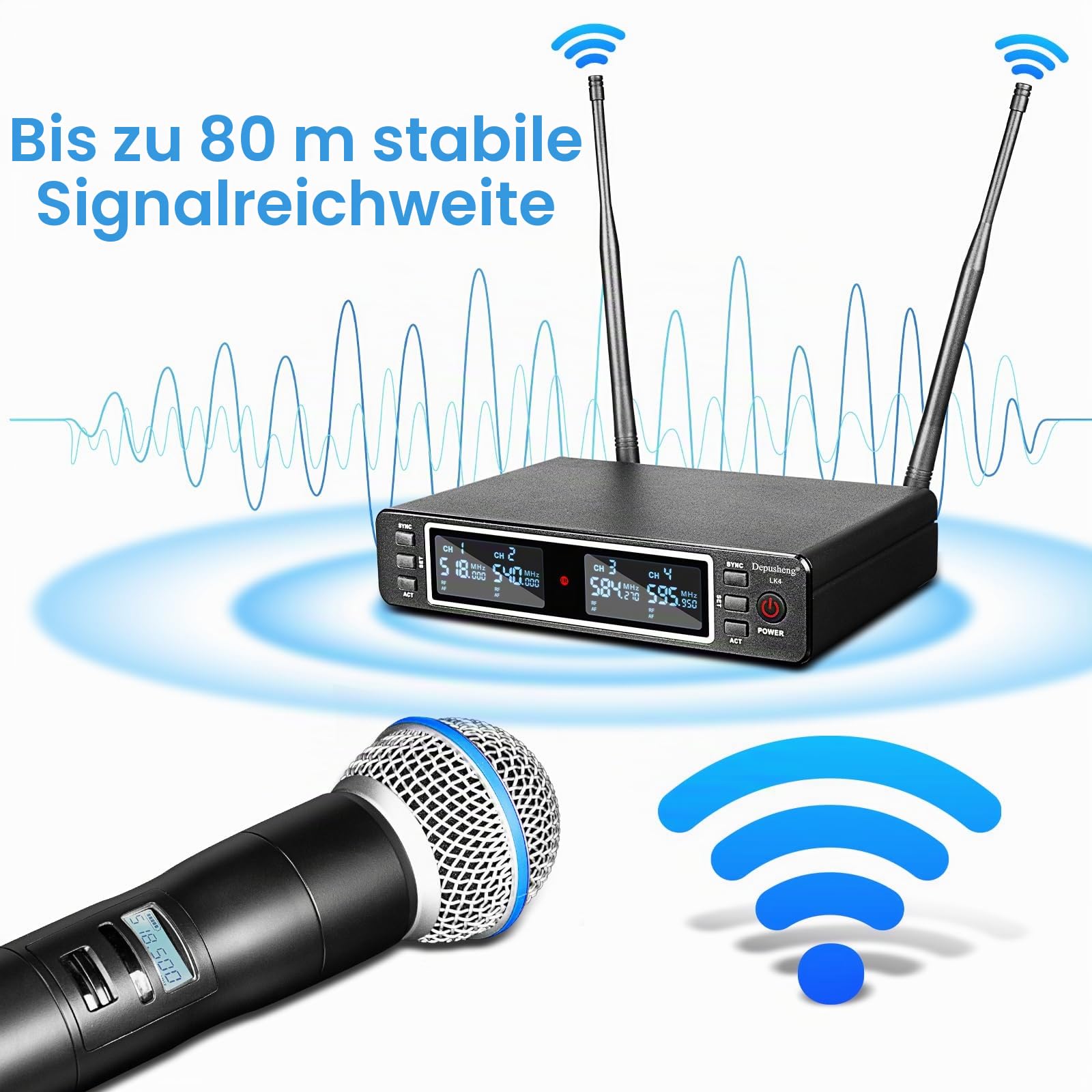Depusheng LK4 Pro Kabelloses Mikrofonsystem, 4-Kanal UHF einstellbare Frequenzen, schnurloses Mikrofon mit 4 dynamischen Handmikrofonen, 260 Fuß Reichweite, Mikrofon für Gesang, Kirche, Karaoke, Party