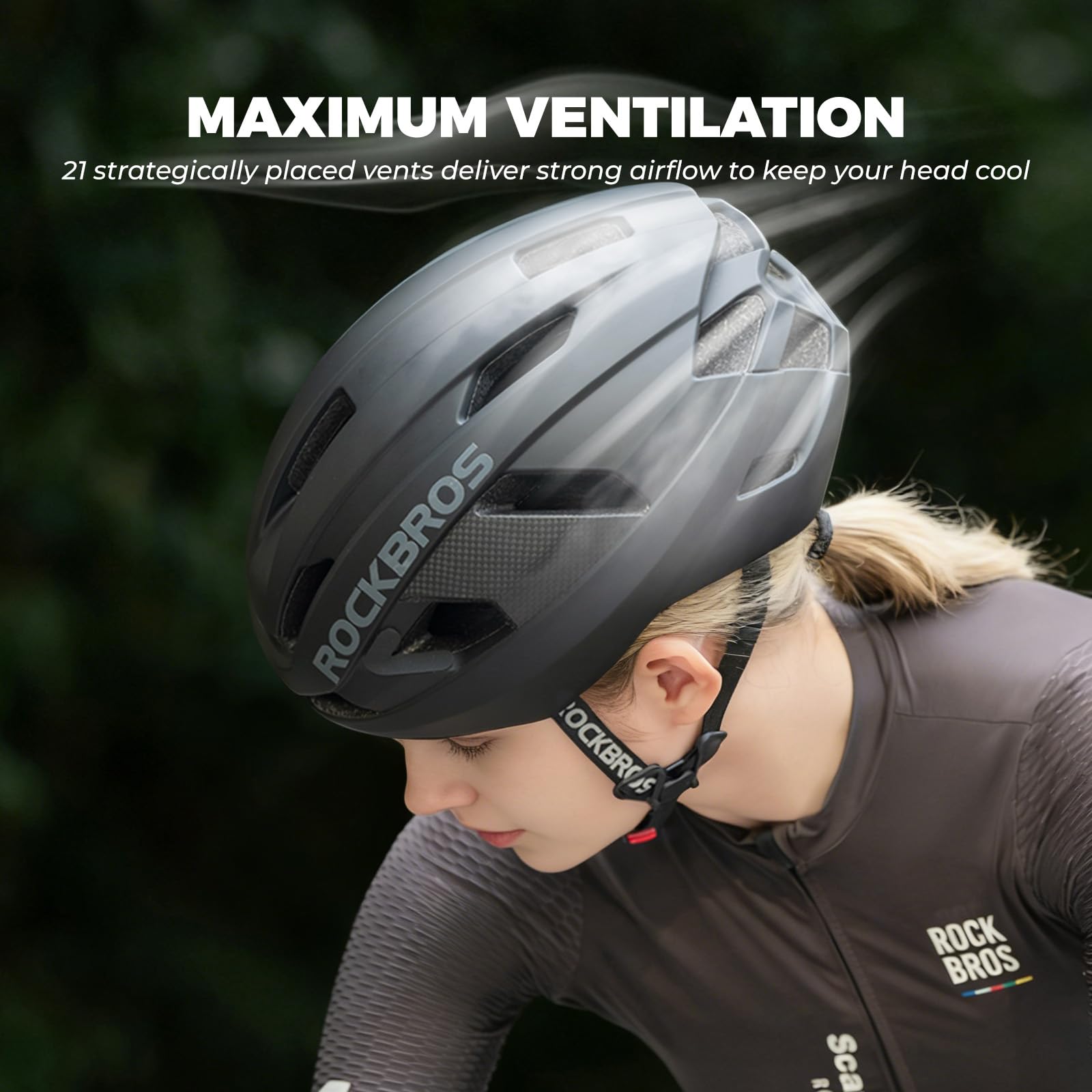ROCKBROS Casco da Bici Uomo Donna, Casco da Ciclismo con Pannelli Laterali in Carbonio, con Protezione Antiurto 3D Grid, Ventilazione 21 Fori, Chiusura Magnetica, Regolabile 54-60 cm