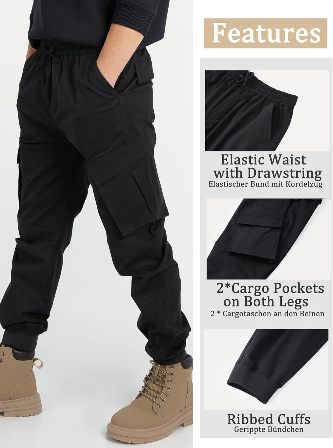 CAMLAKEE Boys Stretch Cargo Pants Kids Drawstring Elastic Waist School Youth Twill Joggers Pants - Image 4
