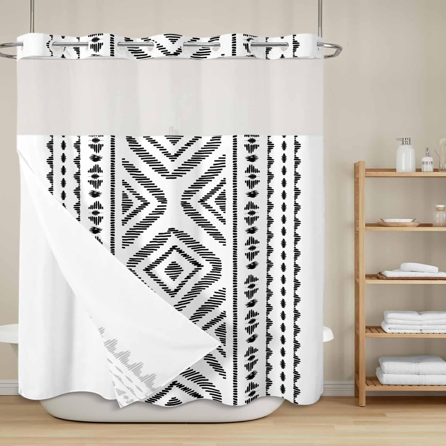 Black White Bohemian No Hook Shower Curtain with Snap in Liner, Vintage Farmhouse Waterproof Shower Curtains with See Through Top Window Liner for Bathroom, 66x72 Inches