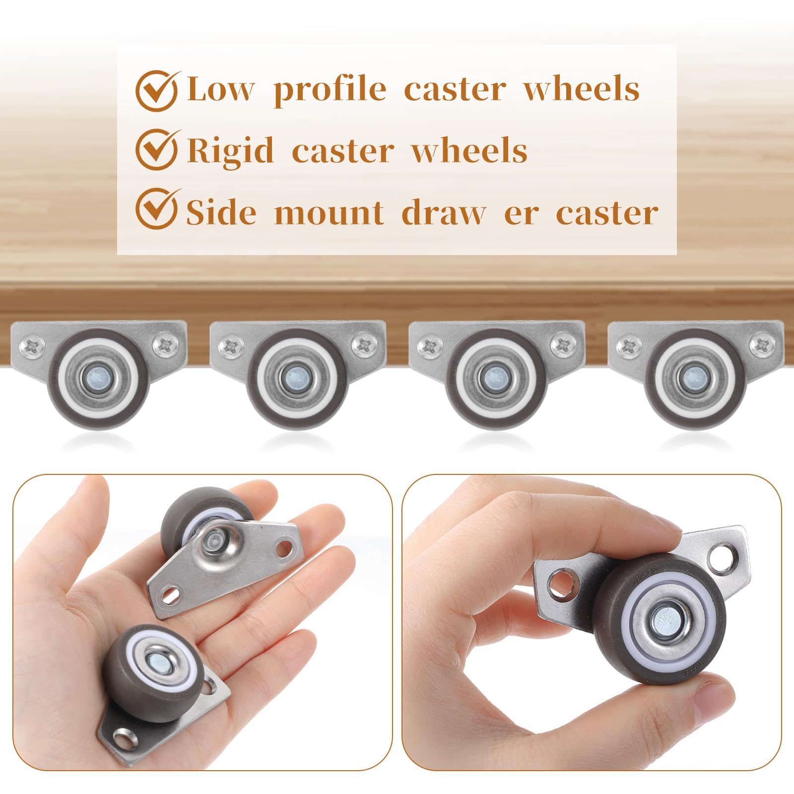 4pcs Side Mount Casters,Mini Caster Wheels for Furniture,Heavy Duty Low Profile Castor Wheels with Silent Ball Bearing with 360 Degree Swivel and Brakes - Image 3