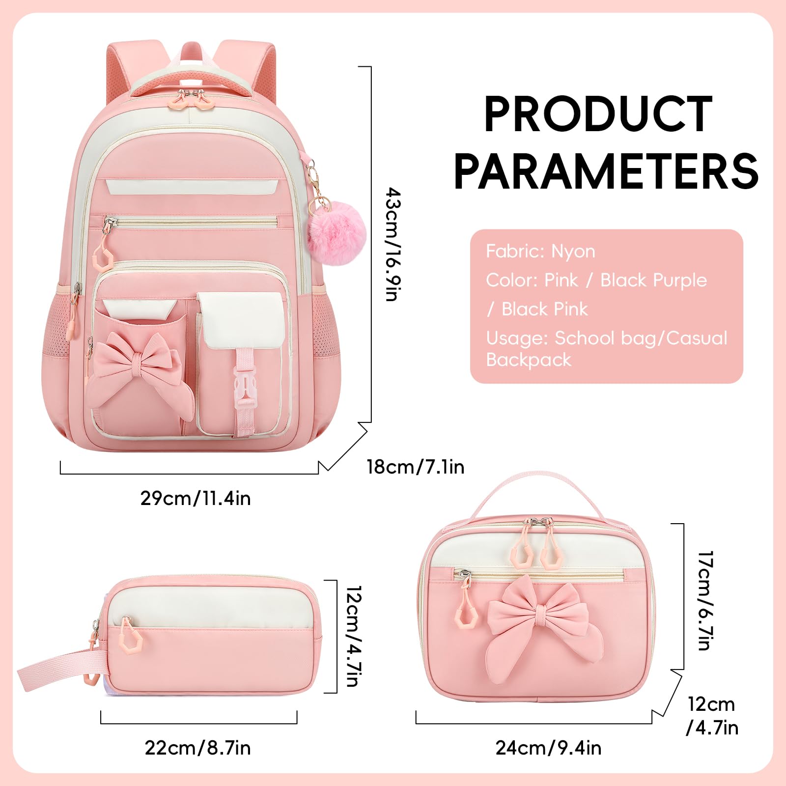 Amythe Zaino Scuola Elementare Bambina 3 Pezzi, Set Zaini Bambina Set 6-11 anni con Sacchetto per Pranzo e Astuccio per Matite, Zainetto Ragazza per Scuola, Rosa