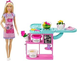 باربي مجموعة لعب فلوريست مع دمية شقراء مقاس 12 انش، محطة صنع الزهور