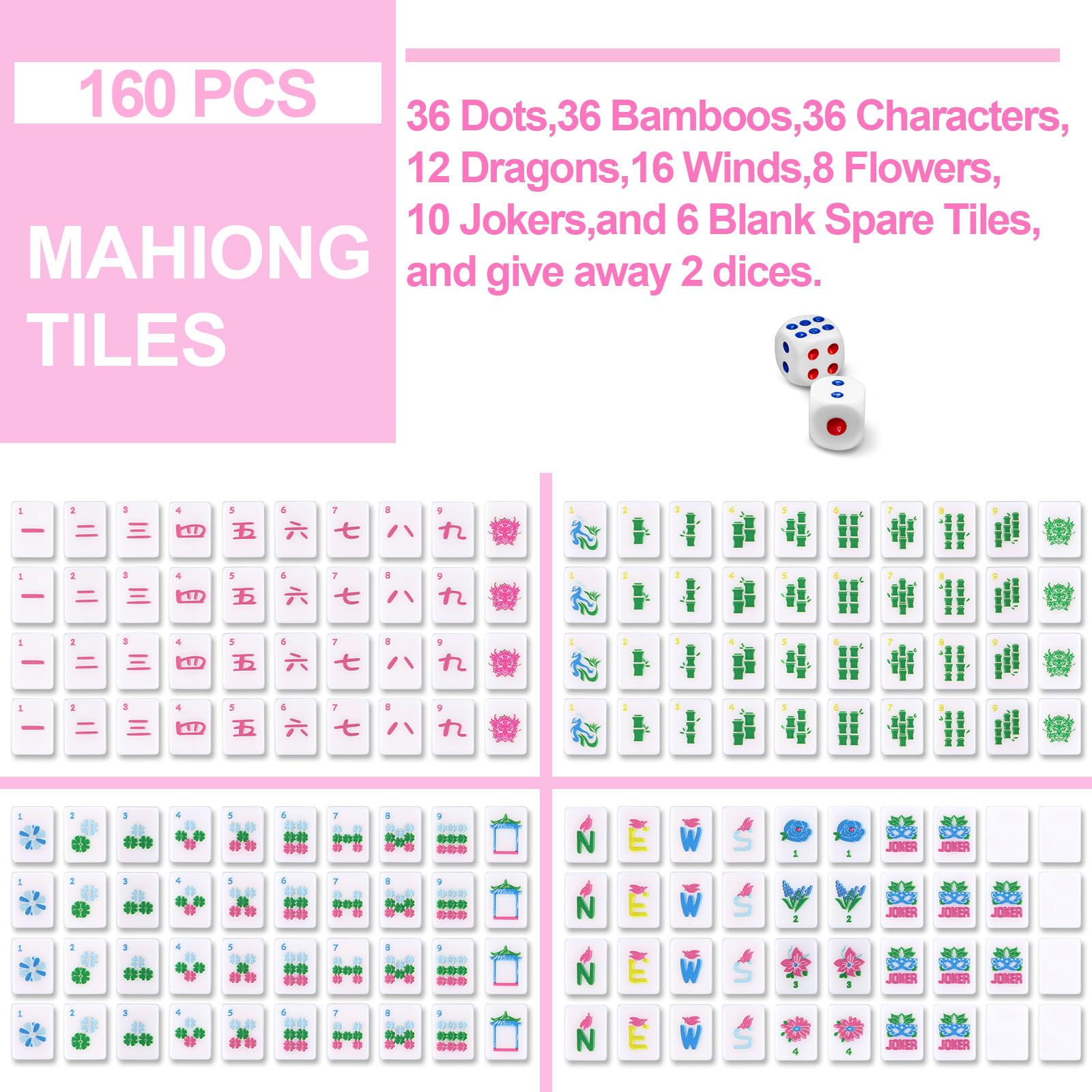 Soulchen Kaleidoscope Mahjong - Juego de 160 azulejos Mahjong de 1.2 pulgadas, juego de azulejos Mahjong rosa americano con bolsa de Mahjong (bambú)