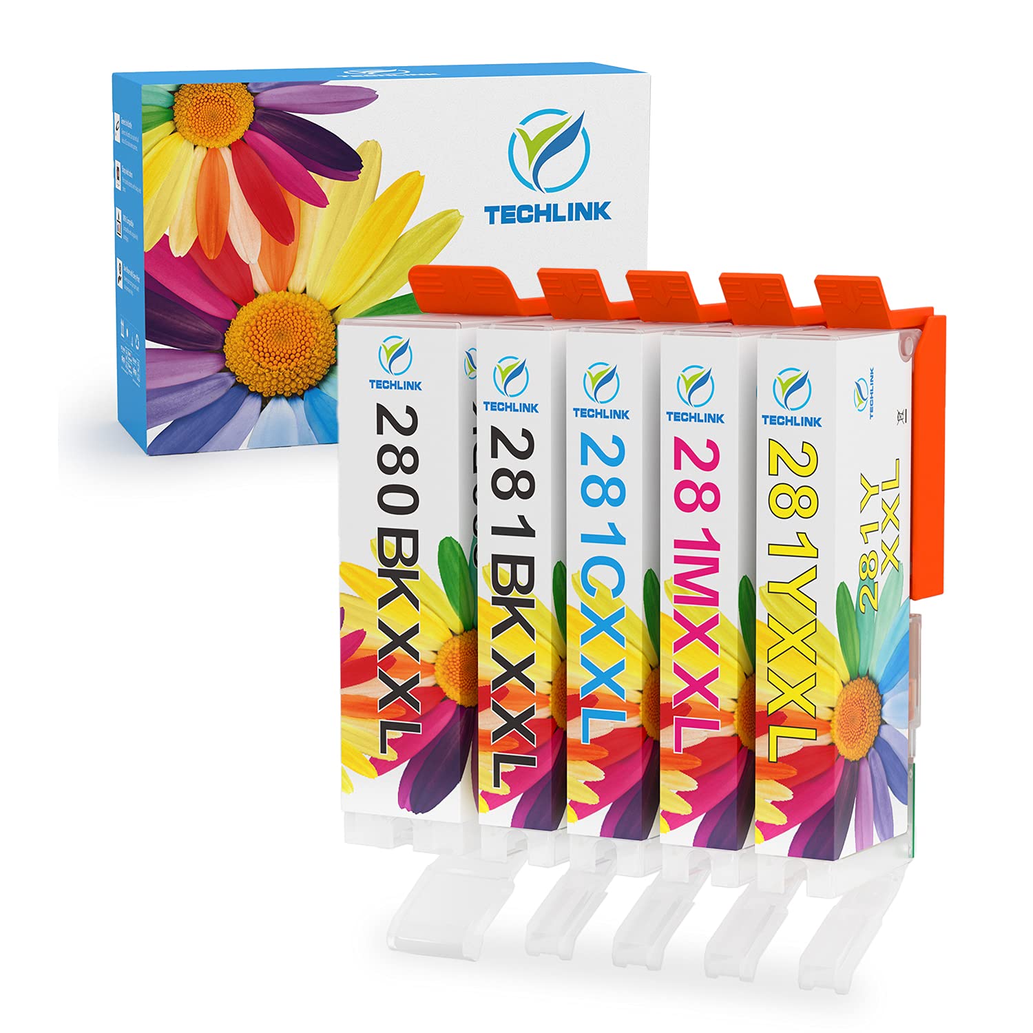 TECHLINK 280XXL 281XXL Cartridge Replacement for Canon Ink 280 281 XXL PGI-280XXL CLI-281XXL for PIXMA TR8520 TR8620 TS6120 TS9120 TS8120 TS6320 TS6300 TS6220 TR7520 TR7500 TR8500, 5 Pack